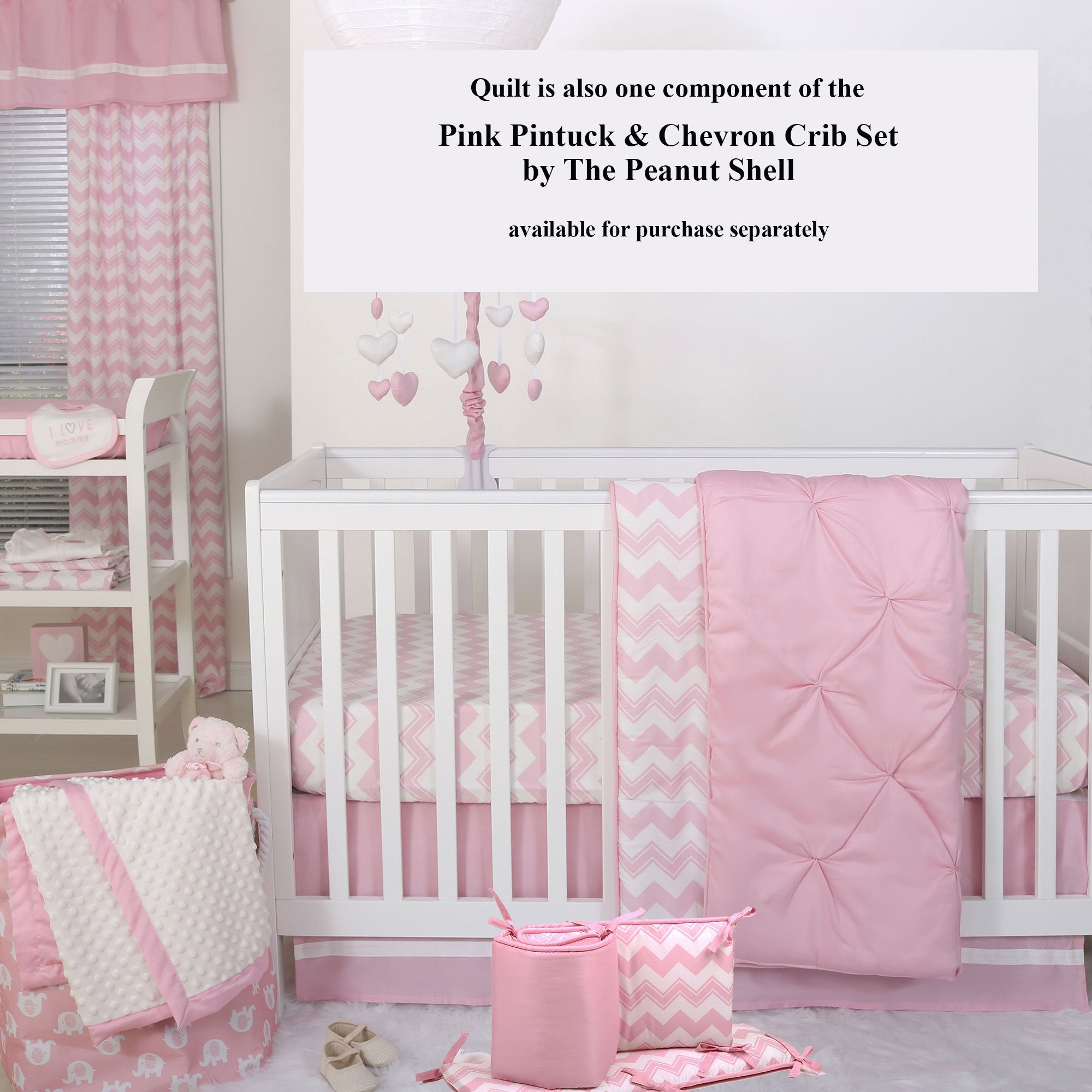 Reversible Baby Crib Quilt - Pink Pintucked & Chevron Pattern by The Peanushell | Soft Nursery Blanket for Boys & Girls | Perfect for Cribs, Strollers & Baby Showers