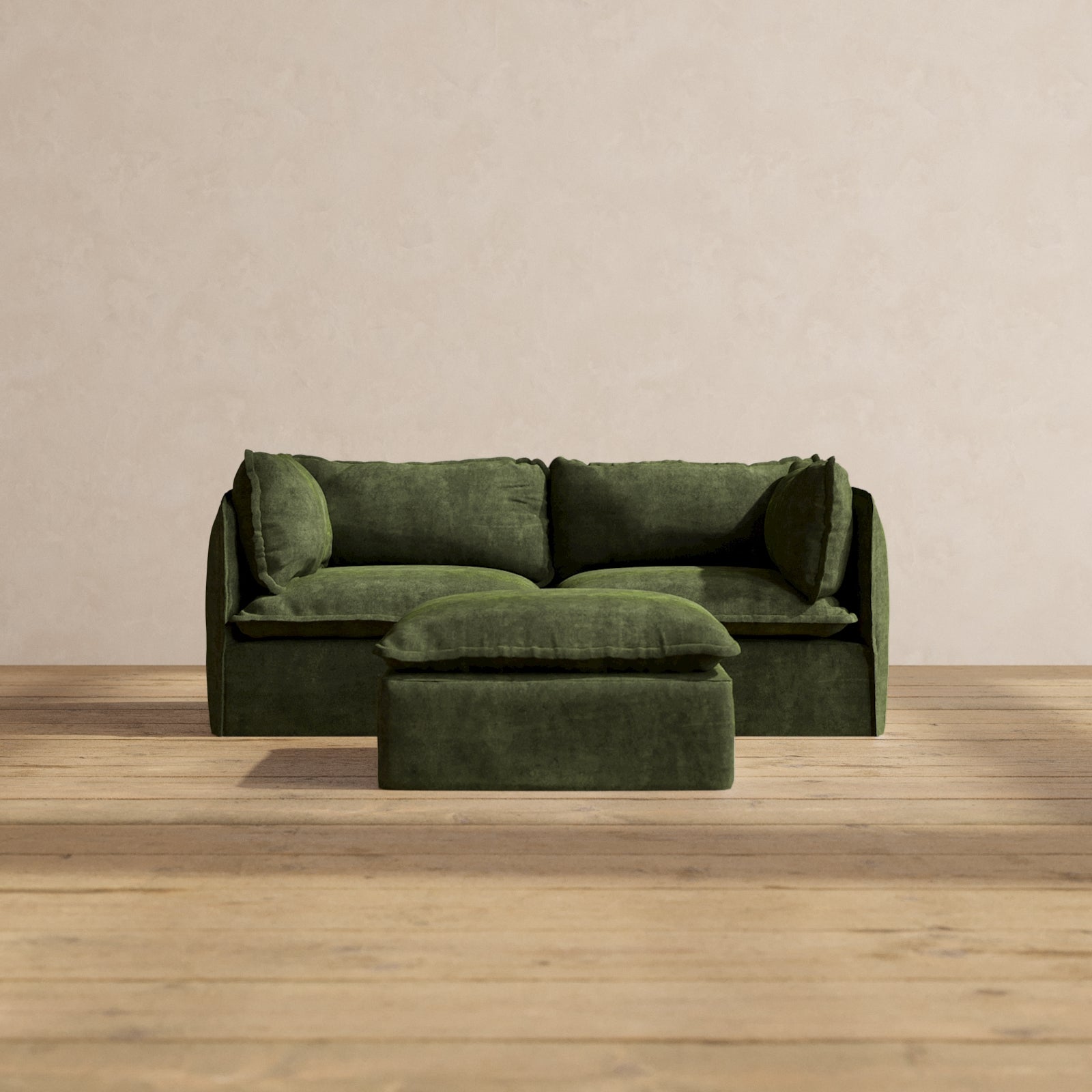 Premium Modular Performance 2-Seater Sofa with Ottoman in Olive Green | Luxe Fabric Blend | Perfect for Living Rooms, Home Theaters & Cozy Spaces