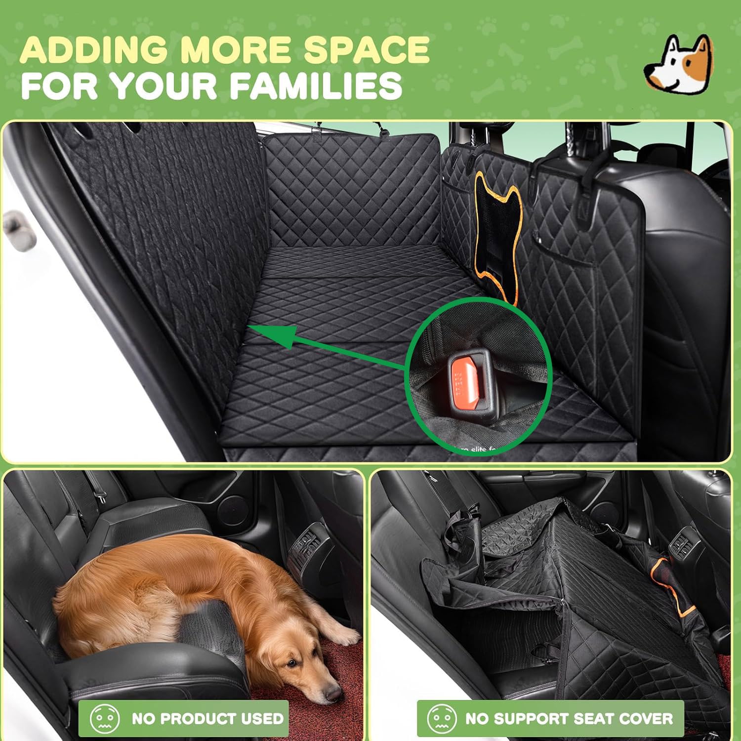 Happept Dog Car Seat Extender with Hard Bottom - Waterproof Back Seat Cover & Hammock Bed for Cars, SUVs, Trucks (Black, Medium) - Perfect for Road Trips, Travel & Pet Safety