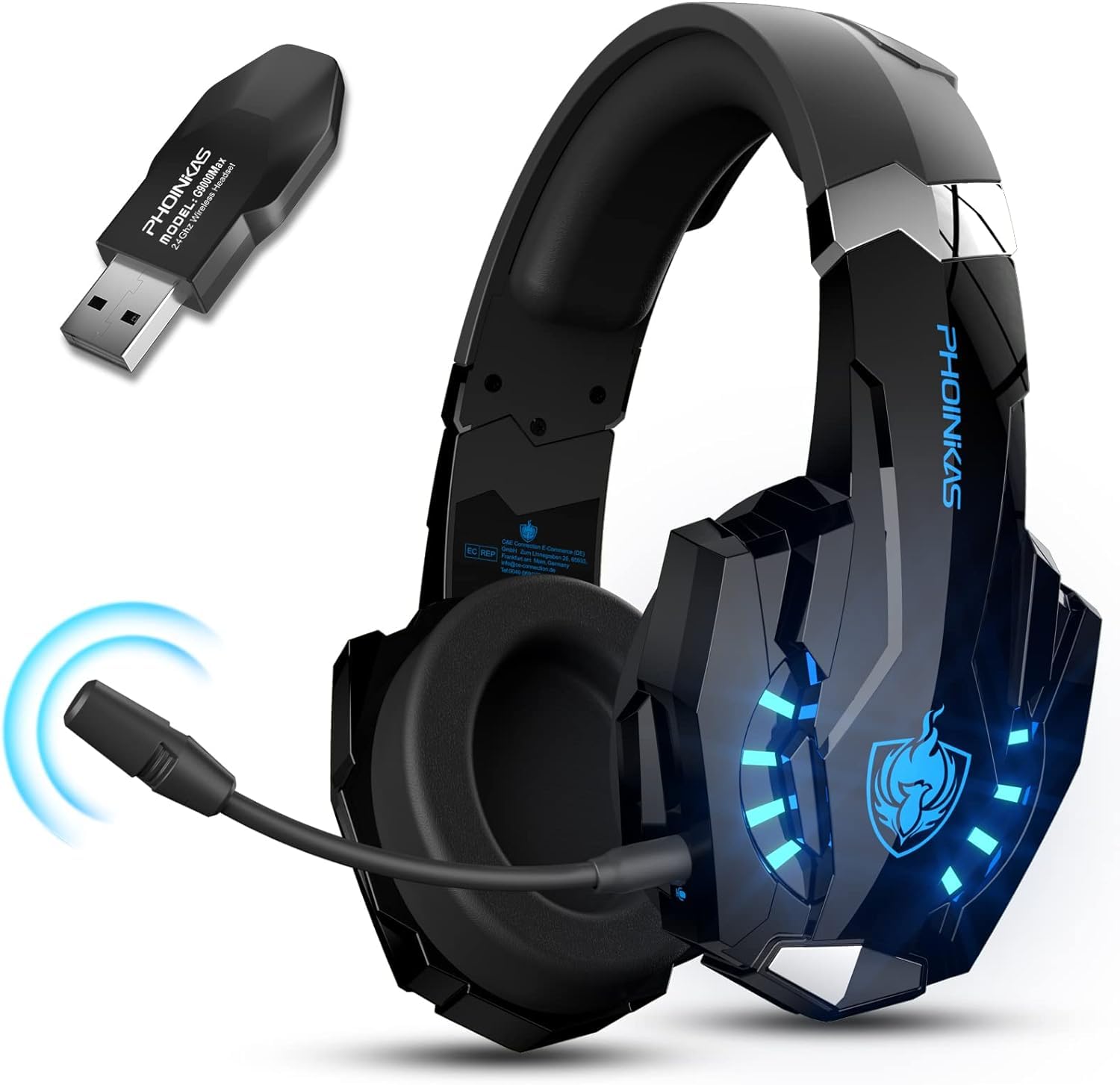 PHOINIKAS 2.4GHz Wireless Gaming Headset for PS5, PS4, PC, Nintendo Switch - Over Ear Headphones with Noise Cancelling Mic, 7.1 Surround Sound, 40+ Hour Battery Life (Blue) - Perfect for Competitive Gaming & Late Night Sessions