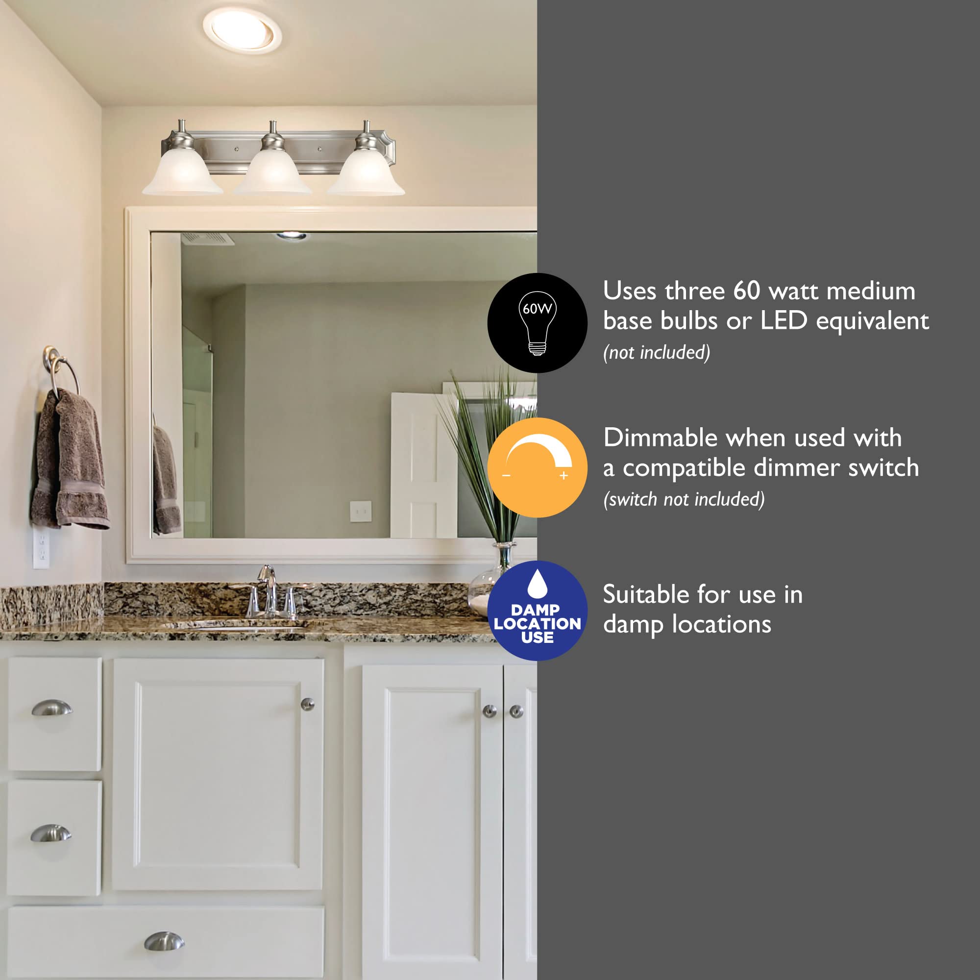 Design House 510263 Bristol 3-Light Dimmable Vanity Light Fixture with Frosted Glass Shade in Satin Nickel - Perfect for Bathroom Mirror Lighting, Powder Room & Dressing Area
