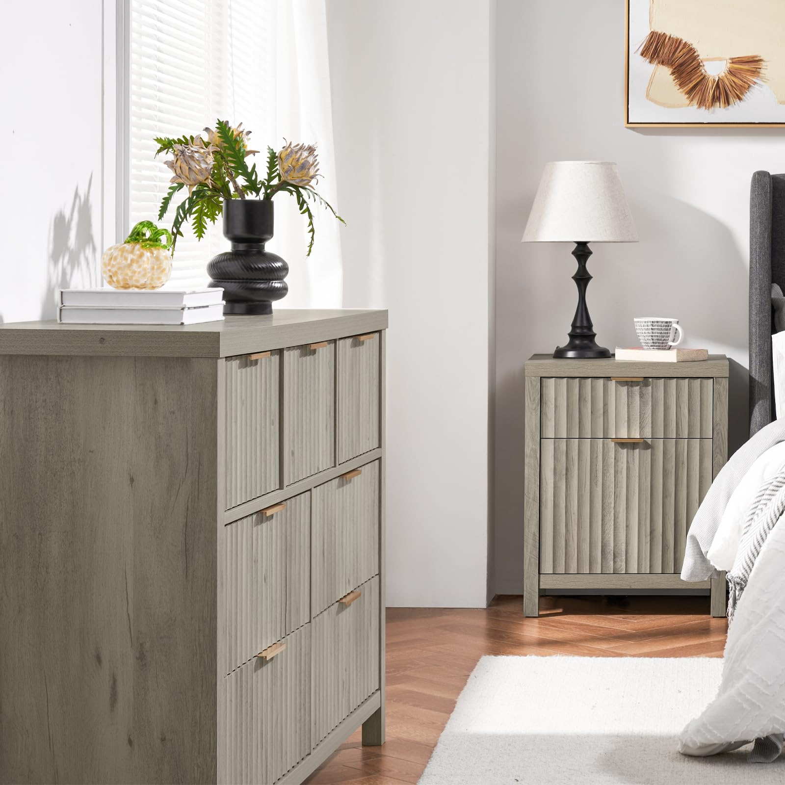 Modern 3-Piece Bedroom Set with Fluted 7-Drawer Dresser & 2 Nightstands - USB Charging Station - Grey Oak Finish - Contemporary Bedroom Furniture for Master Bedroom, Guest Room or Apartment