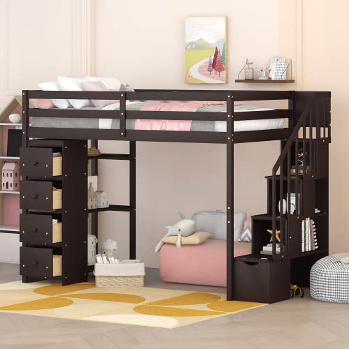 **Solid Wood Twin Loft Bed with Stairs, Storage Drawers & Shelves - Modern Espresso Loft Bed Frame for Kids, Teens & Adults - Perfect for Small Rooms, Dorms & Apartments**