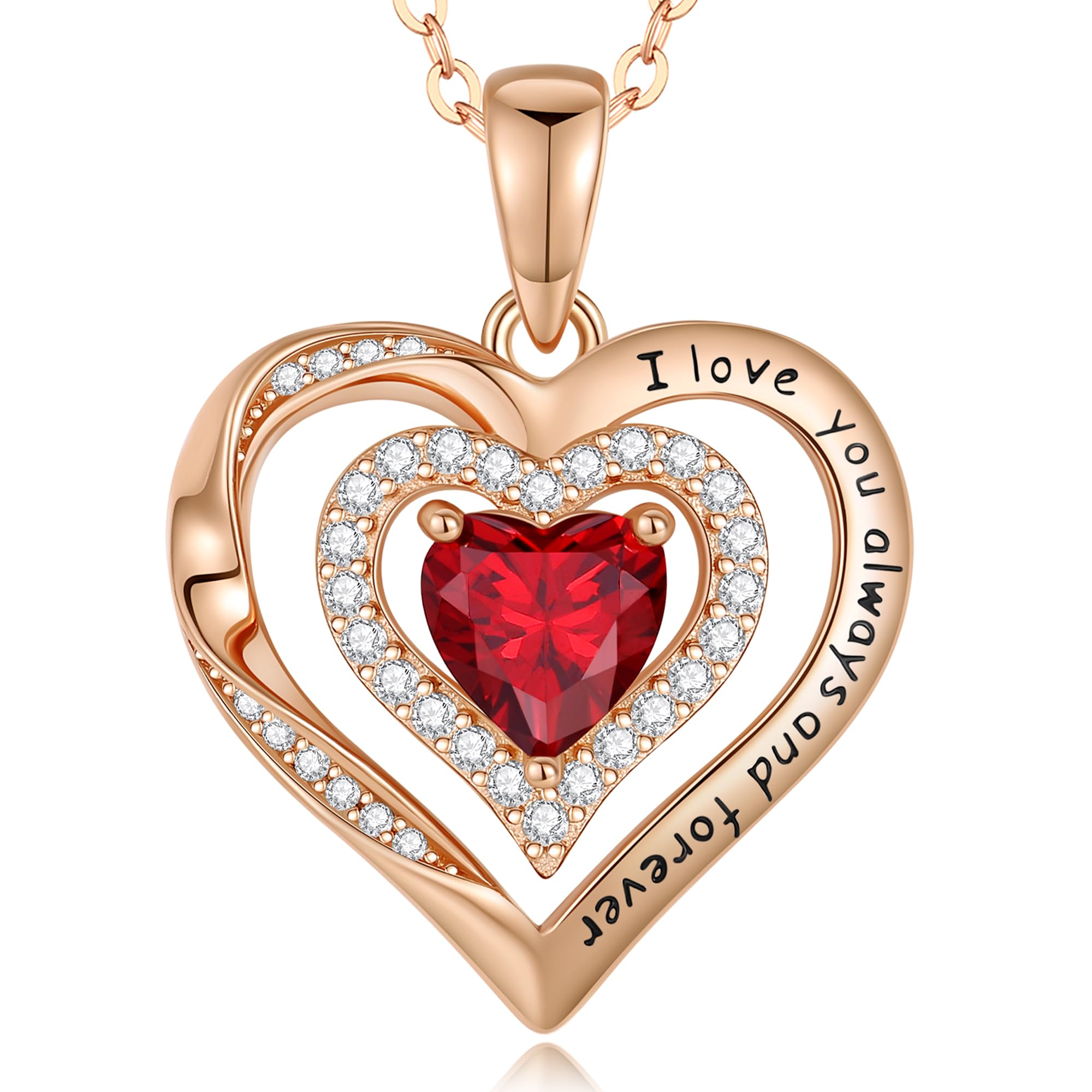 Rose Gold Heart Birthstone Necklace for Women - S925 Sterling Silver Pendant Jewelry, I Love You Always & Forever Gift for Wife, Girlfriend, Mom - Perfect for Anniversary, Birthday, Valentine's Day & Special Occasions