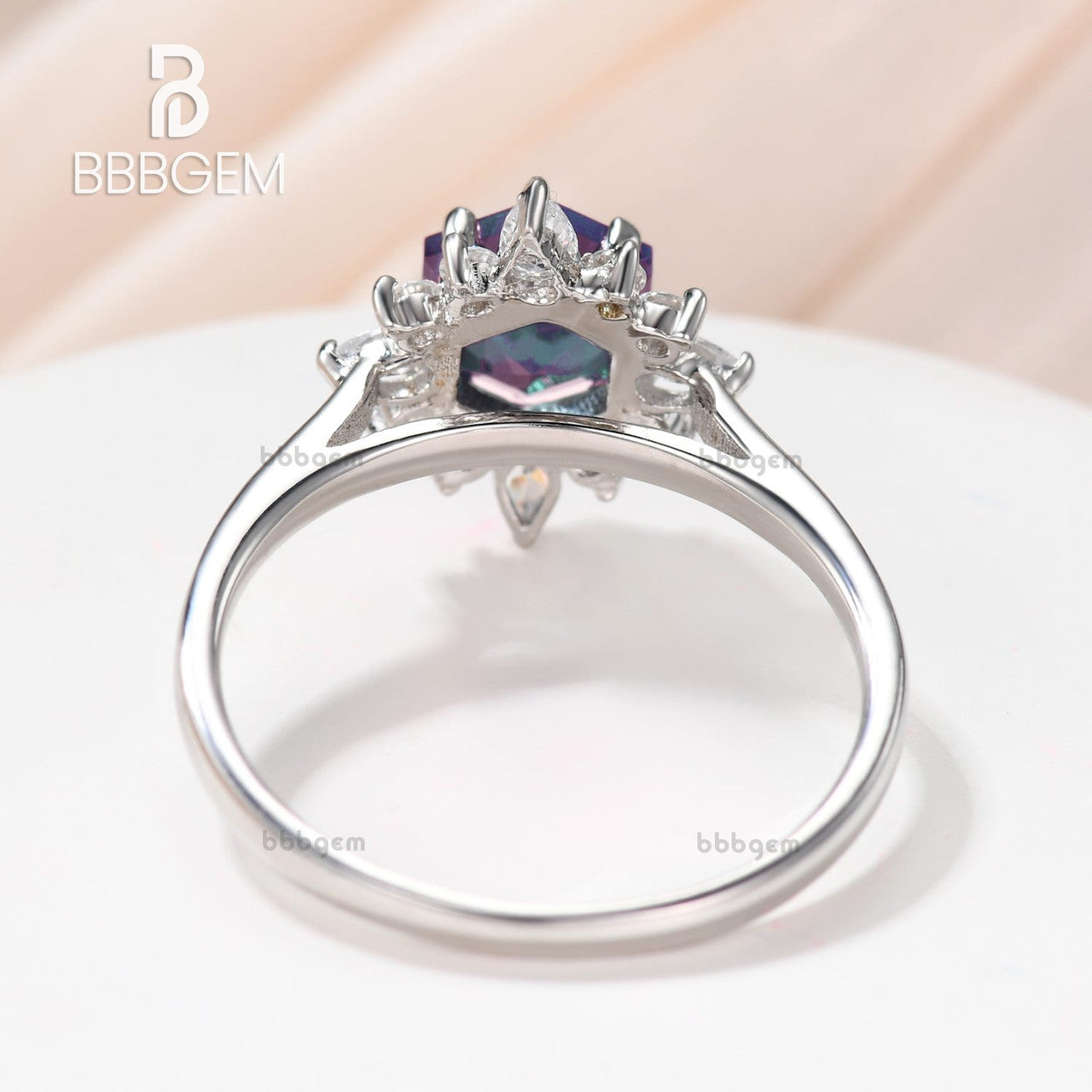 Vintage Floral Hexagon Alexandrite & Diamond Engagement Ring in 14K White Gold - Perfect for Proposals, Anniversaries & Special Occasions