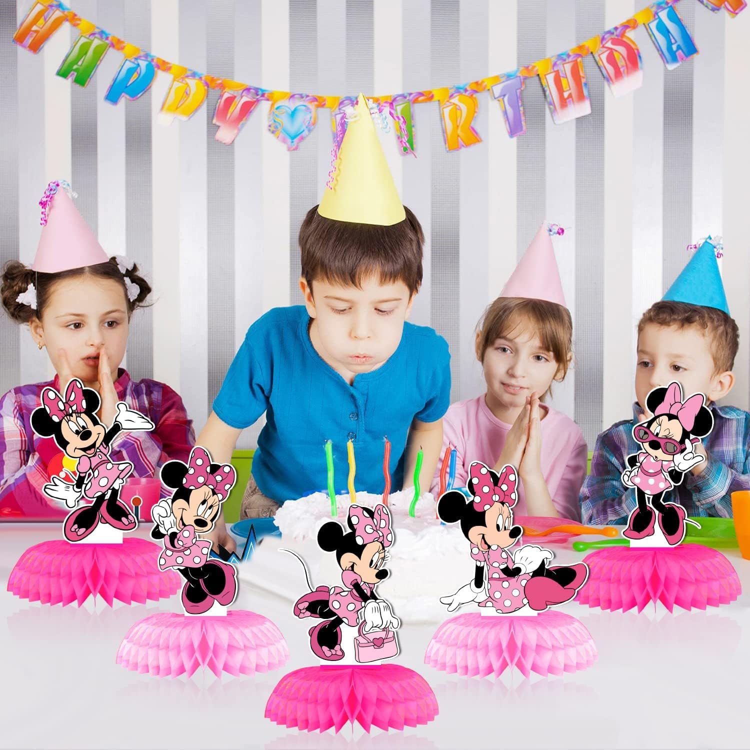 Minnie Mouse Birthday Party Decorations - 7Pcs Double Sided Honeycomb Centerpieces for Table Decor | Perfect for Kids Birthday Parties, Baby Showers & Disney Themed Events