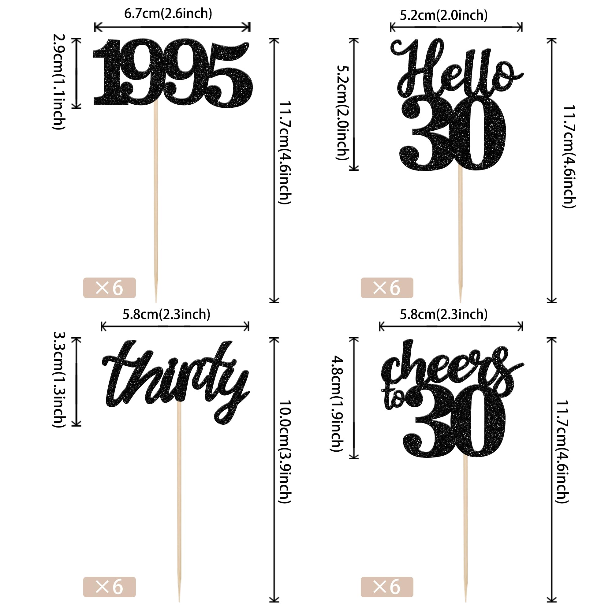 24 PCS Black Glitter 30th Birthday Cupcake Toppers - Hello 30, Cheers to 30 Since 1995 - Cake Decorations for 30th Birthday Party, Anniversary Celebration & Milestone Events