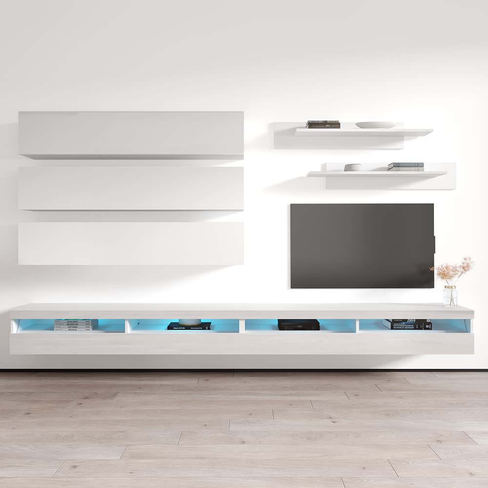 Modern Floating TV Stand with Storage & LED Lights - Wall-Mounted Entertainment Center for Bedroom & Living Room - White TV Console with Shelves - Perfect for Small Spaces & Home Theater Setup