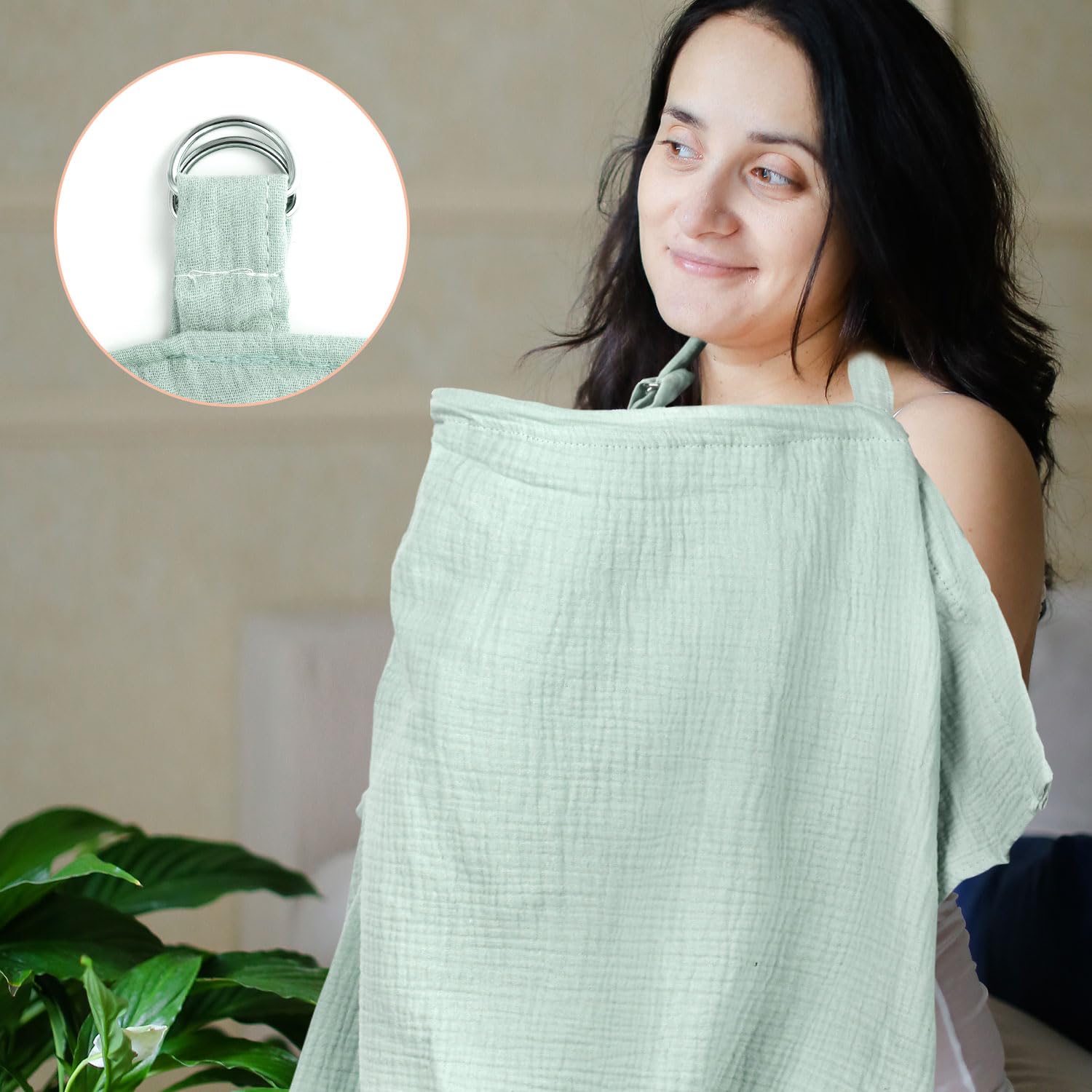 100% Cotton Muslin Nursing Cover - Breathable Breastfeeding Cover with Arch Neckline, Full Car Seat Coverage & Easy Baby Viewing - Light Green Multi-Use Nursing Scarf for Moms (Perfect for On-the-Go Feeding, Shopping & Travel)