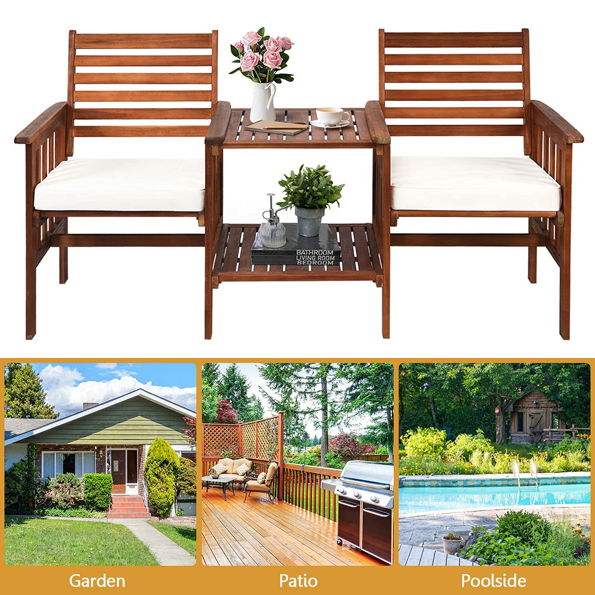 Acacia Wood Loveseat with Table - Patio Bistro Set with Cushions, 2.1-inch Umbrella Hole - Outdoor Garden & Balcony Furniture for Relaxing & Entertaining