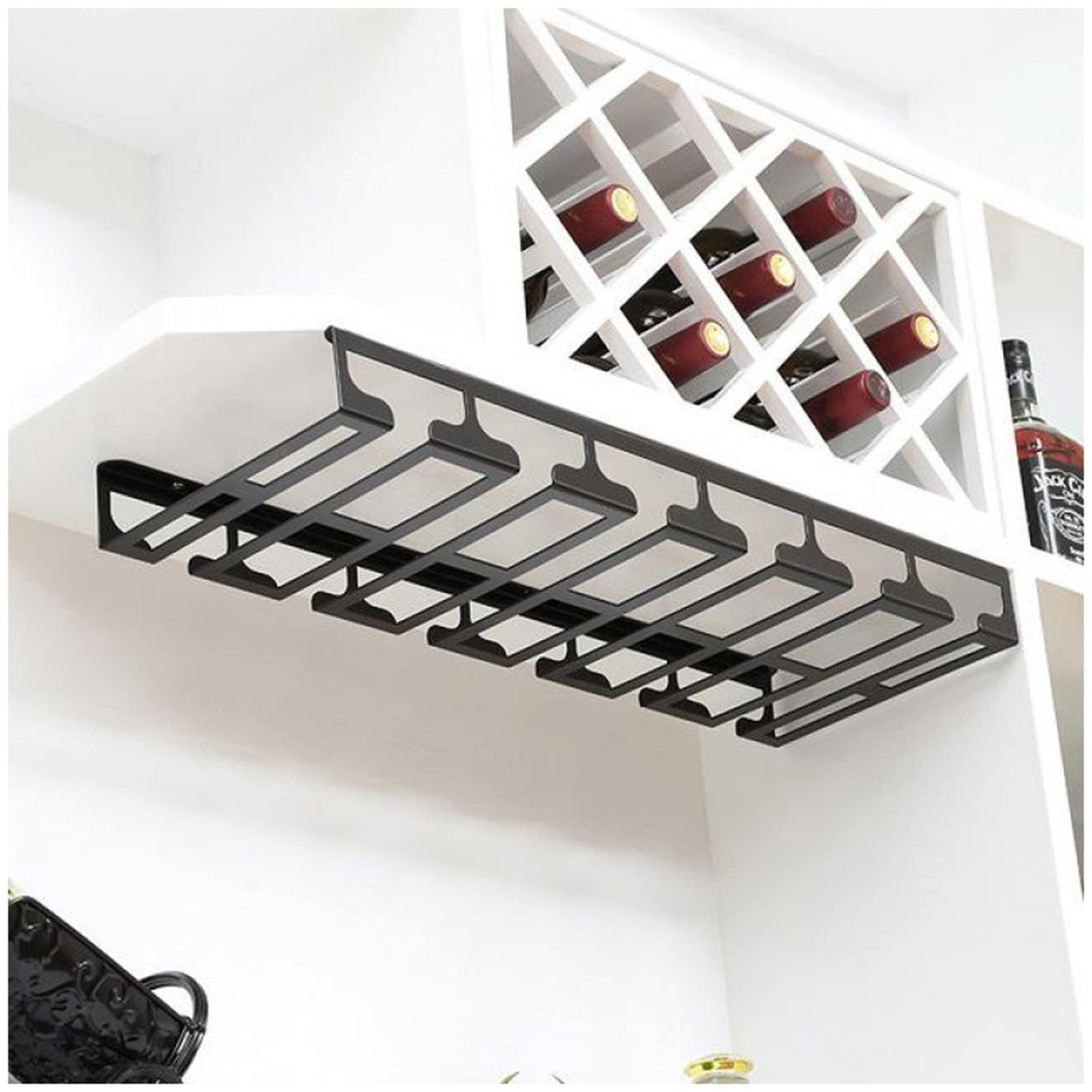 Black 24-Inch Under Cabinet Wine Glass Rack - Hanging Metal Stemware Holder for Kitchen & Bar Storage - Space-Saving Glass Organizer Hanger - Perfect for Wine Cellars, Home Bars & Small Kitchens