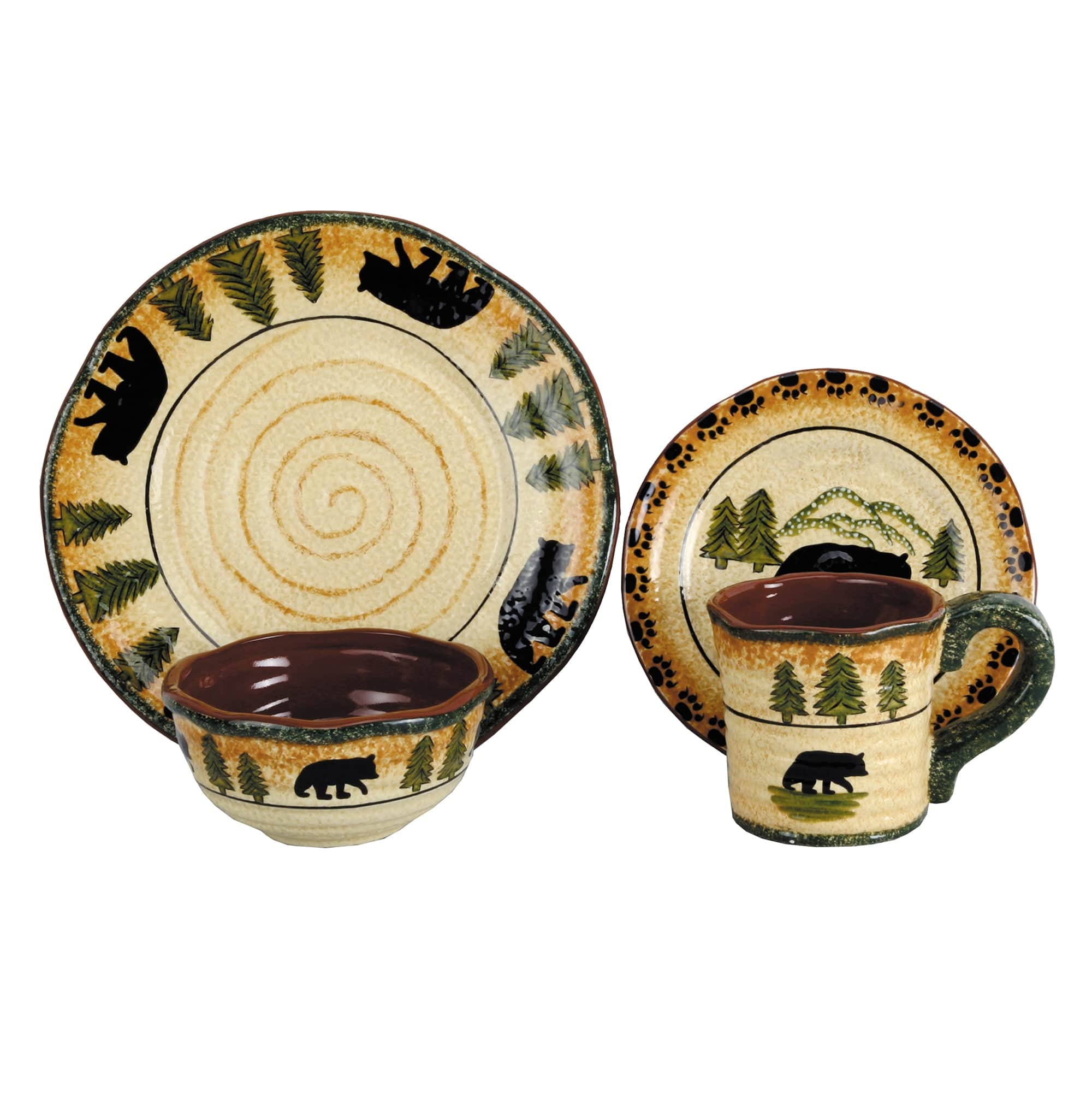 Rustic Bear 16-Piece Ceramic Dinnerware Set - Elegant Stoneware Plates, Bowls & Mugs for Family Dining, Entertaining & Restaurant Use
