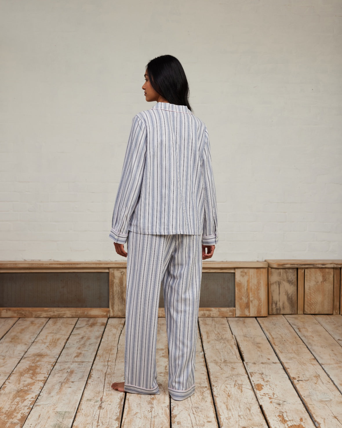Organic Cotton Brushed Stripe Long Sleeve Pajama Set for Women - Soft & Comfortable Blue & White Sleepwear - Perfect for Lounge, Sleep & Relaxation at Home