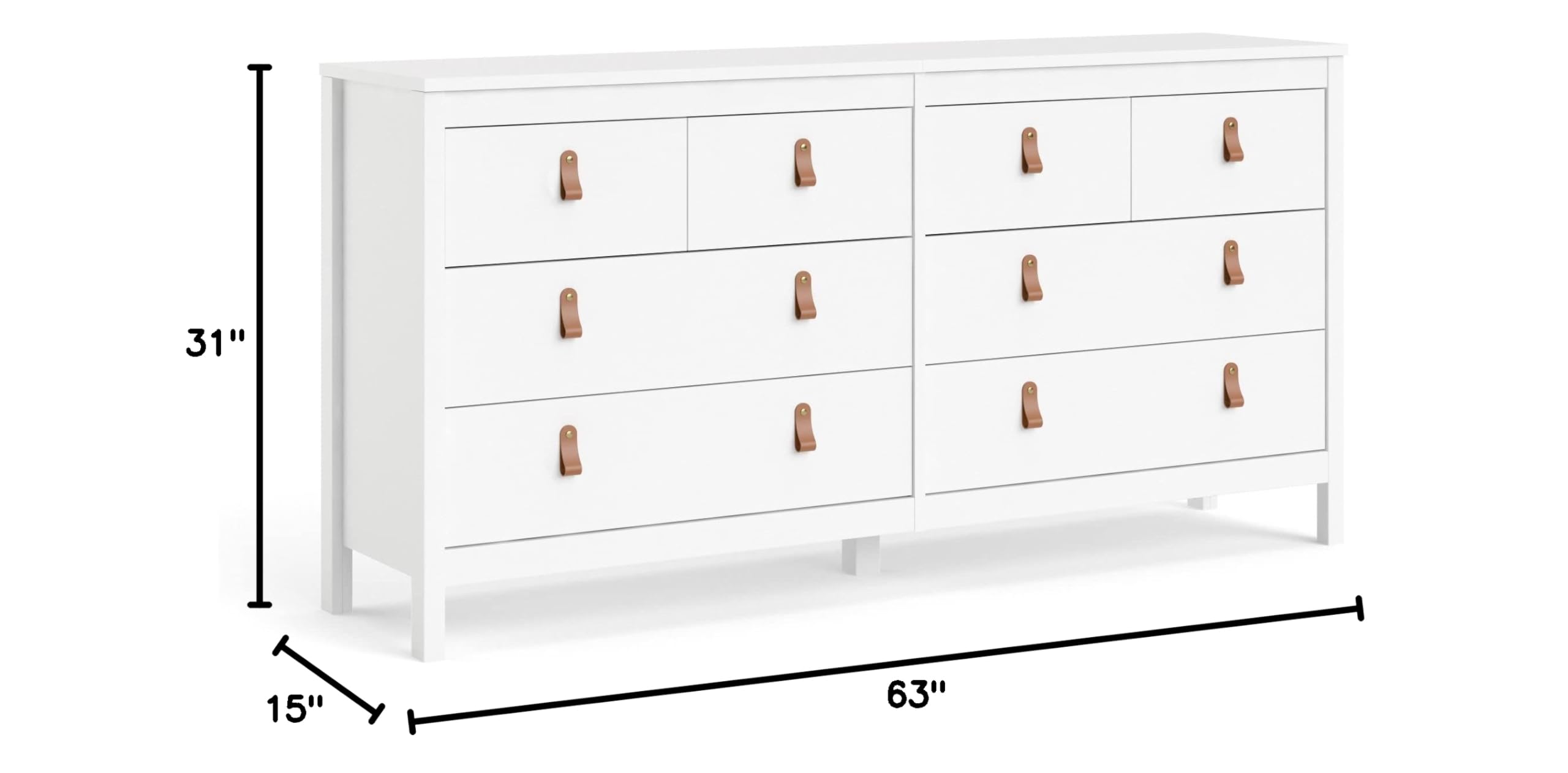 Tvilum 8-Drawer Double Dresser in White - Modern Bedroom Storage Solution for Clothes, Linens & Accessories