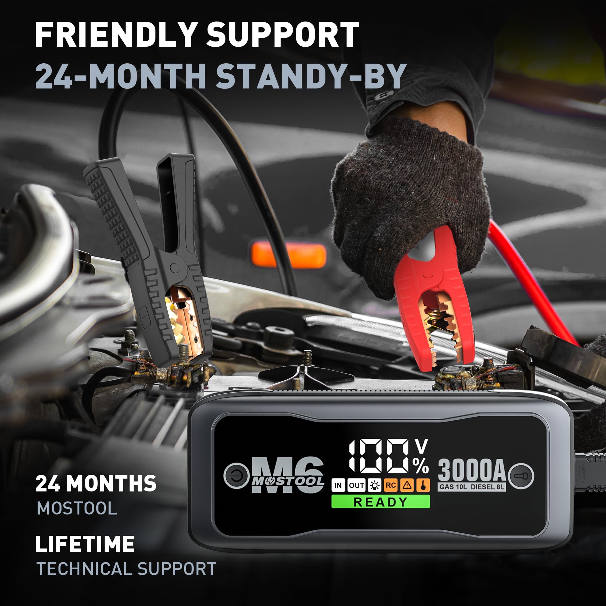 M6 3000A Peak Car Battery Jump Starter - Portable 12V Jumper Box with Charger & Cables for 10.0L Gas/8.0L Diesel Engines - Emergency Vehicle Battery Booster for Trucks, SUVs, Boats & RVs