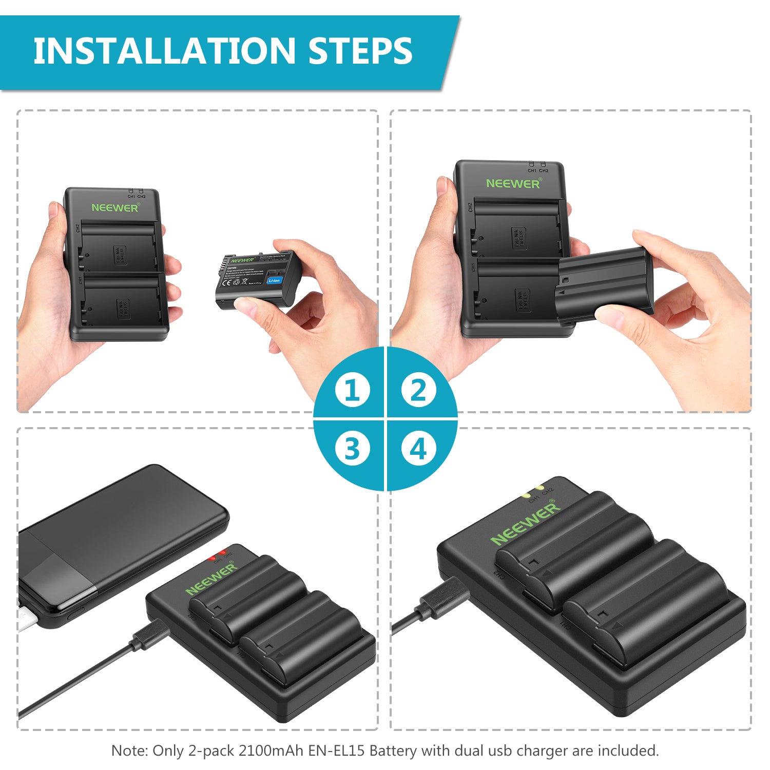NEEWER 2-Pack EN-EL15 Battery Charger Set for Nikon DSLR Cameras - Fast Charging with LED Indicator for D850 D750 D810 D800 D610 D600 D500 D7200 D7100 D7000 (Perfect for Travel & Professional Photography)