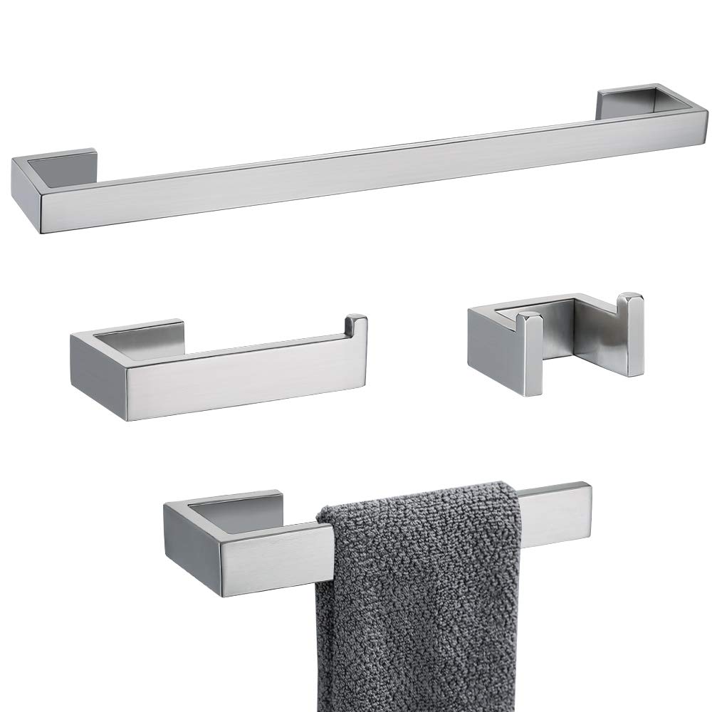 TNOMS 4-Piece Stainless Steel Bathroom Hardware Set - Towel Bar, Towel Holder, Robe Hook & Toilet Paper Holder | Modern Bathroom Accessories for Home & Hotel Use