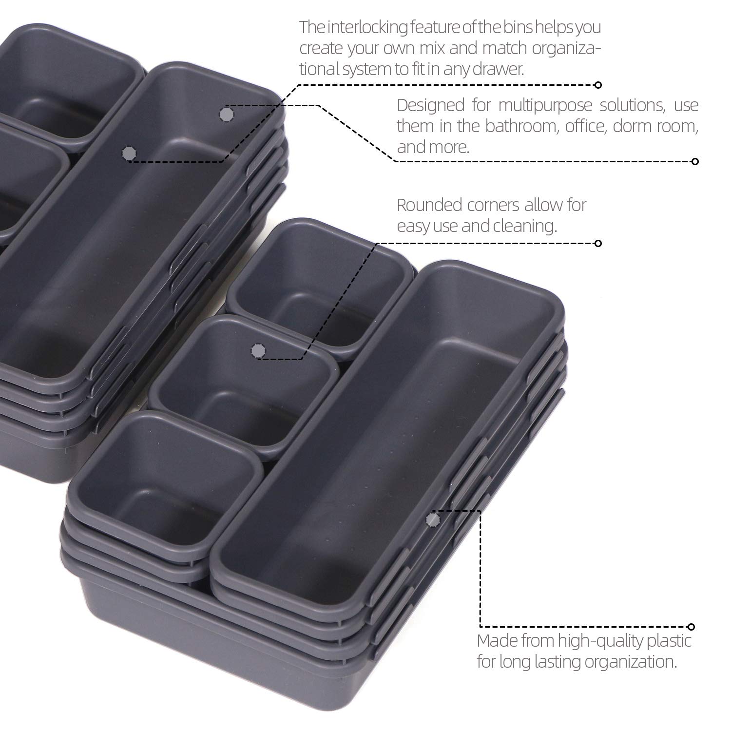 24-Piece Interlocking Plastic Drawer Organizer Set - Adjustable Tray Dividers for Shallow & Narrow Drawers | Kitchen, Bathroom, Office, Vanity & Bedroom Storage Solution | Perfect for Makeup, Utensils, Jewelry & Small Item Organization