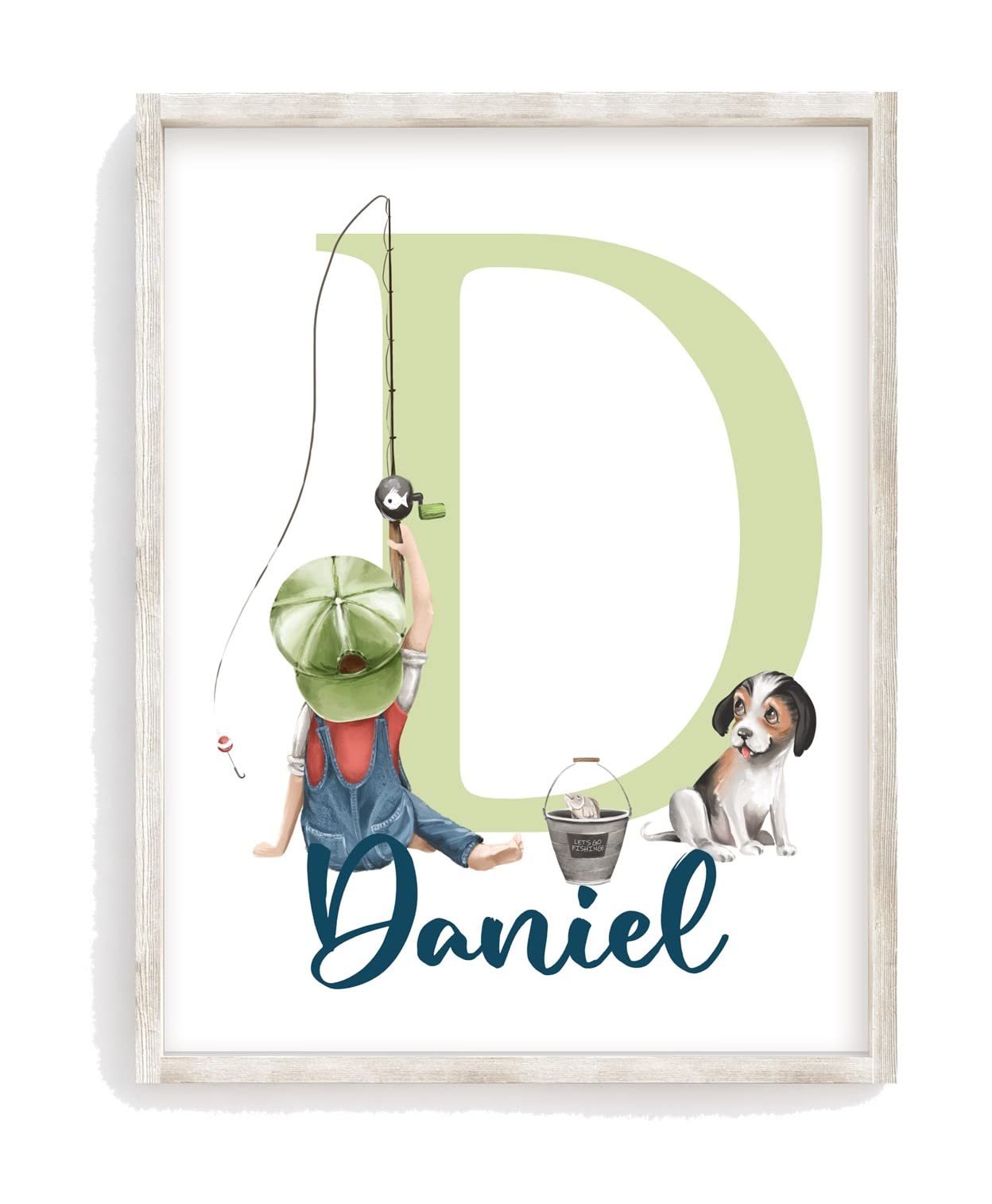 Personalized Watercolor Fishing Nursery Print - Rustic Nautical Themed Decor for Little Boys Room, Unframed Wall Art Featuring Fishing Boy with Dog | Perfect for Kids Bedroom, Nursery, or Coastal Themed Home Decor