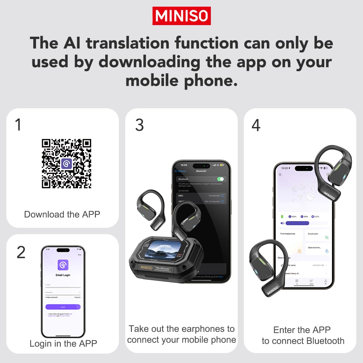 MINISO M98 Bluetooth 5.4 Open Ear Earbuds with AI Real-Time Translation (135 Languages), Touch Screen Display, Gaming Earphones - Perfect for Travel, Business Meetings & Multilingual Communication