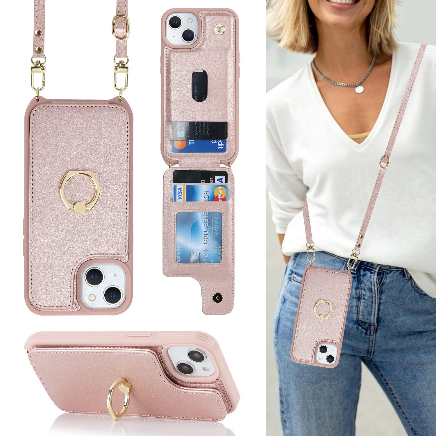 iPhone 15 Wallet Case with Card Holder & Wrist Strap - 6.1 Inch Rose Gold Phone Cover with Crossbody Lanyard, Ring Stand & Snap Closure | Perfect for Women's Everyday Use, Shopping & Travel Accessories