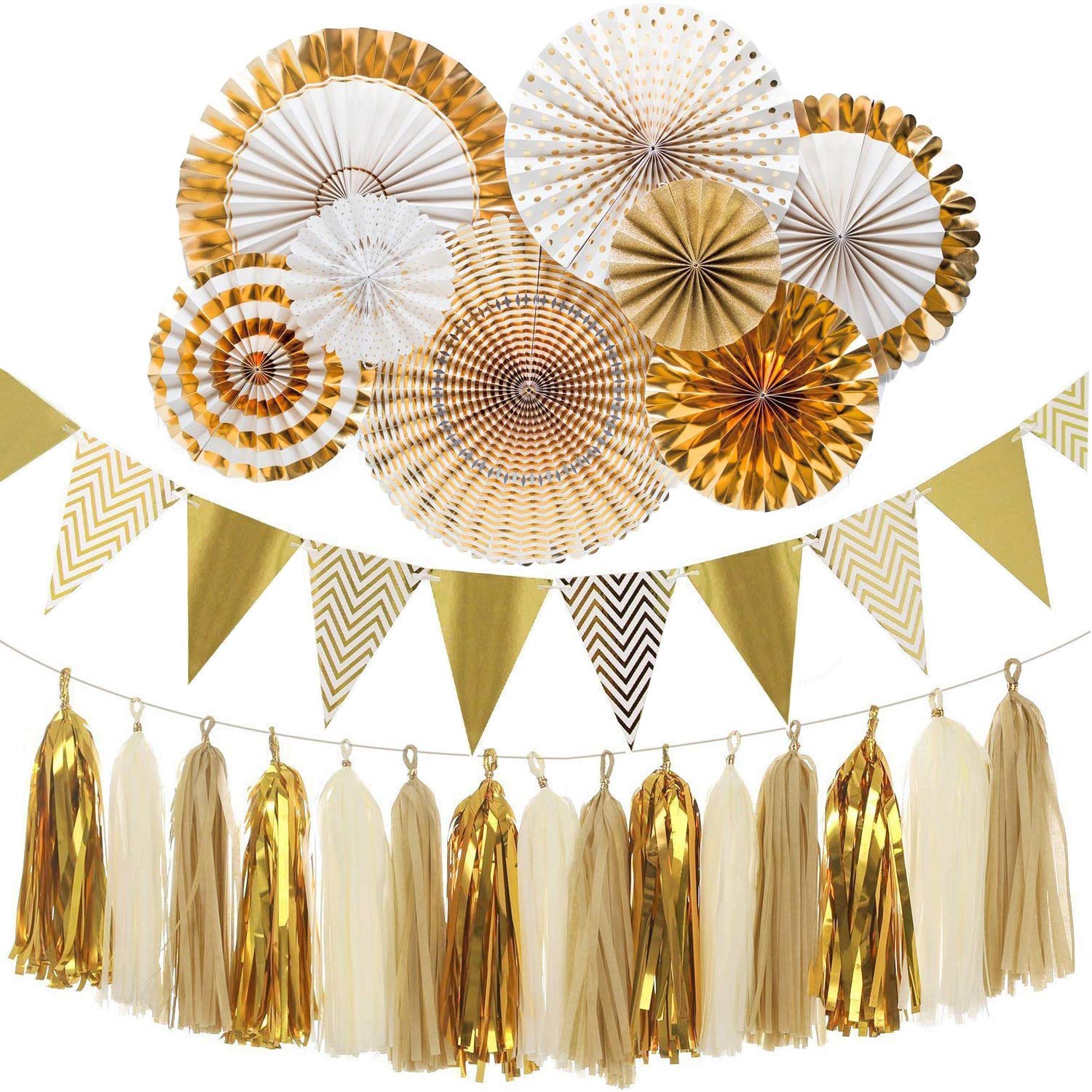 Gold Party Decorations Set - Sparkly Paper Fans, Pennant Banner Flags & Tissue Tassels Garland for Birthday, Wedding, Bridal Shower - Elegant Gold Hanging Decor for Indoor/Outdoor Celebrations