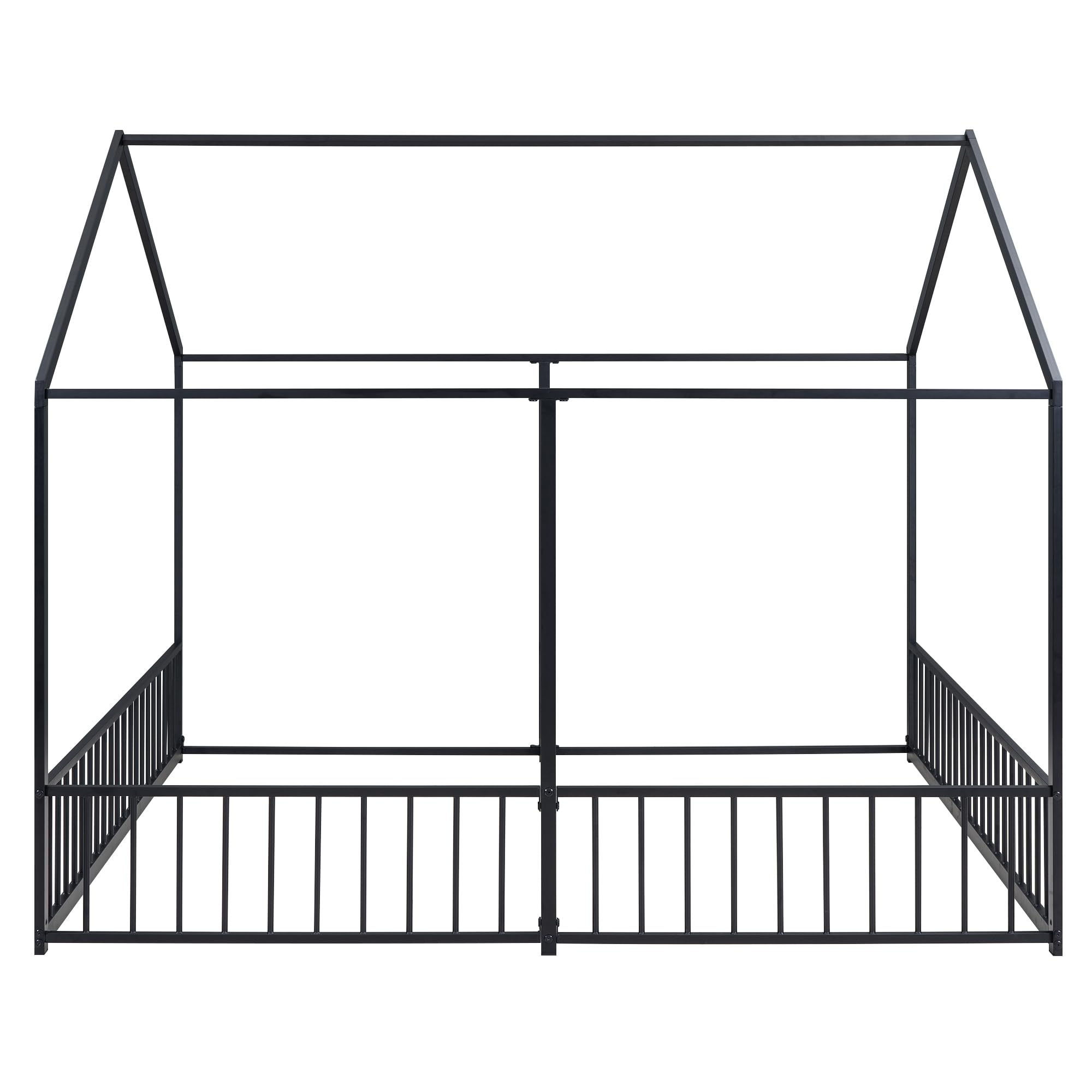 Double Floor Twin Size House Bed for 2 Kids - Sturdy Metal Frame with Safety Rails - Shared Sleeping Solution for Girls & Boys (Black) - Perfect for Siblings' Bedroom, Kids' Dorm or Space-Saving Nursery