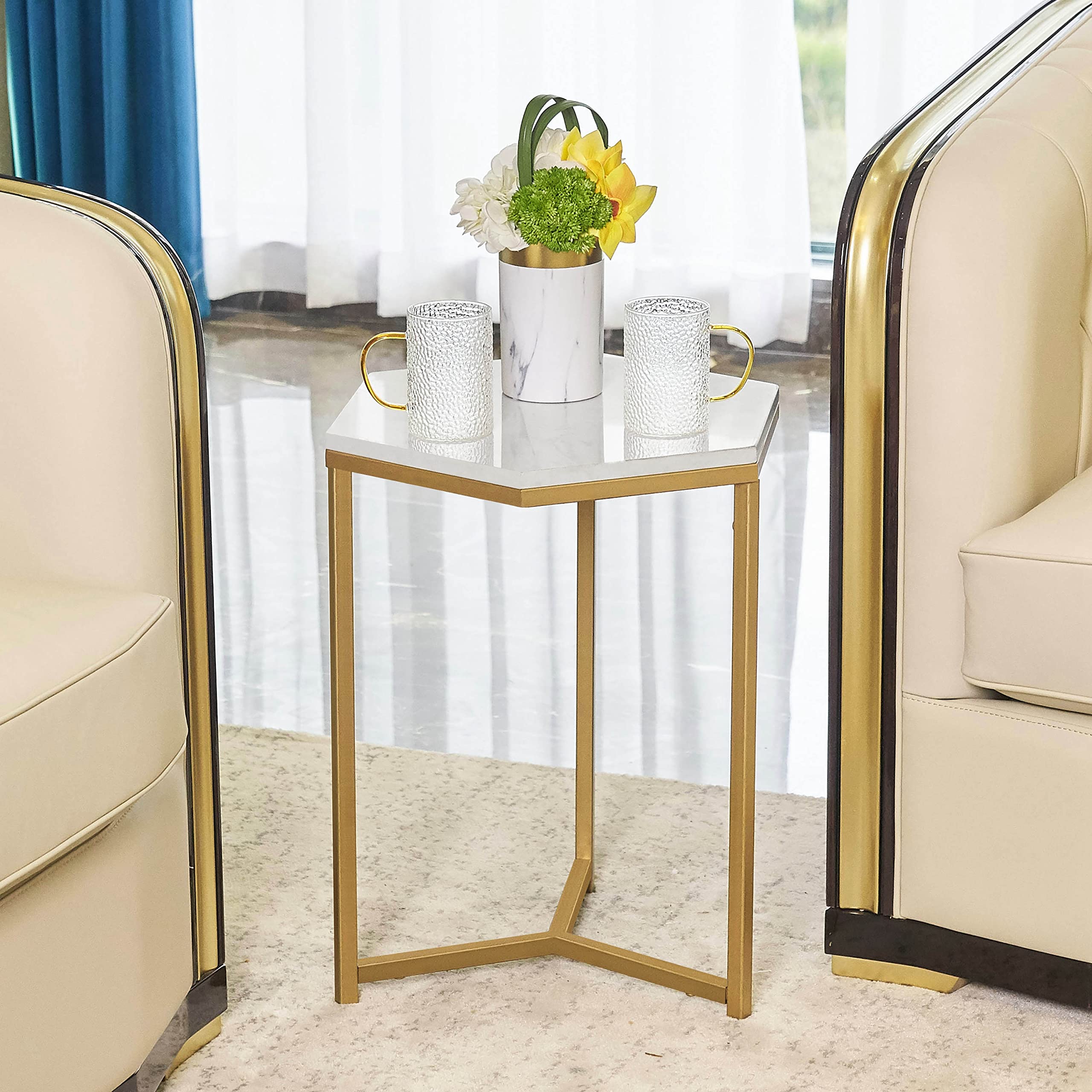 Hexagon Side Table with Gold Accent & Faux Marble Top - White Nightstand for Living Room, Bedroom or Home Office - Small Space End Table (16