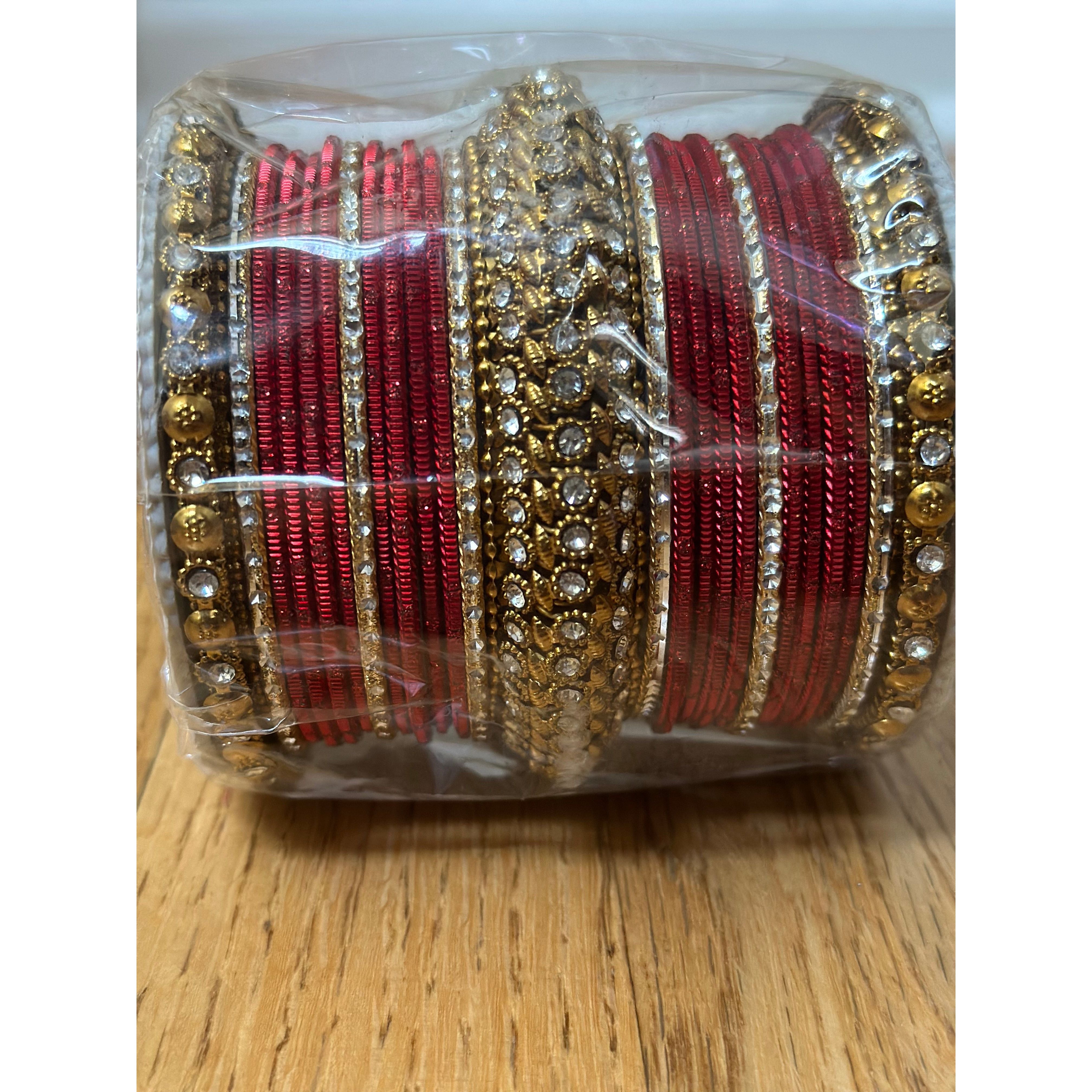 Elegant Red and Gold Bangles with White Stones - Perfect for Weddings, Parties & Festive Occasions
