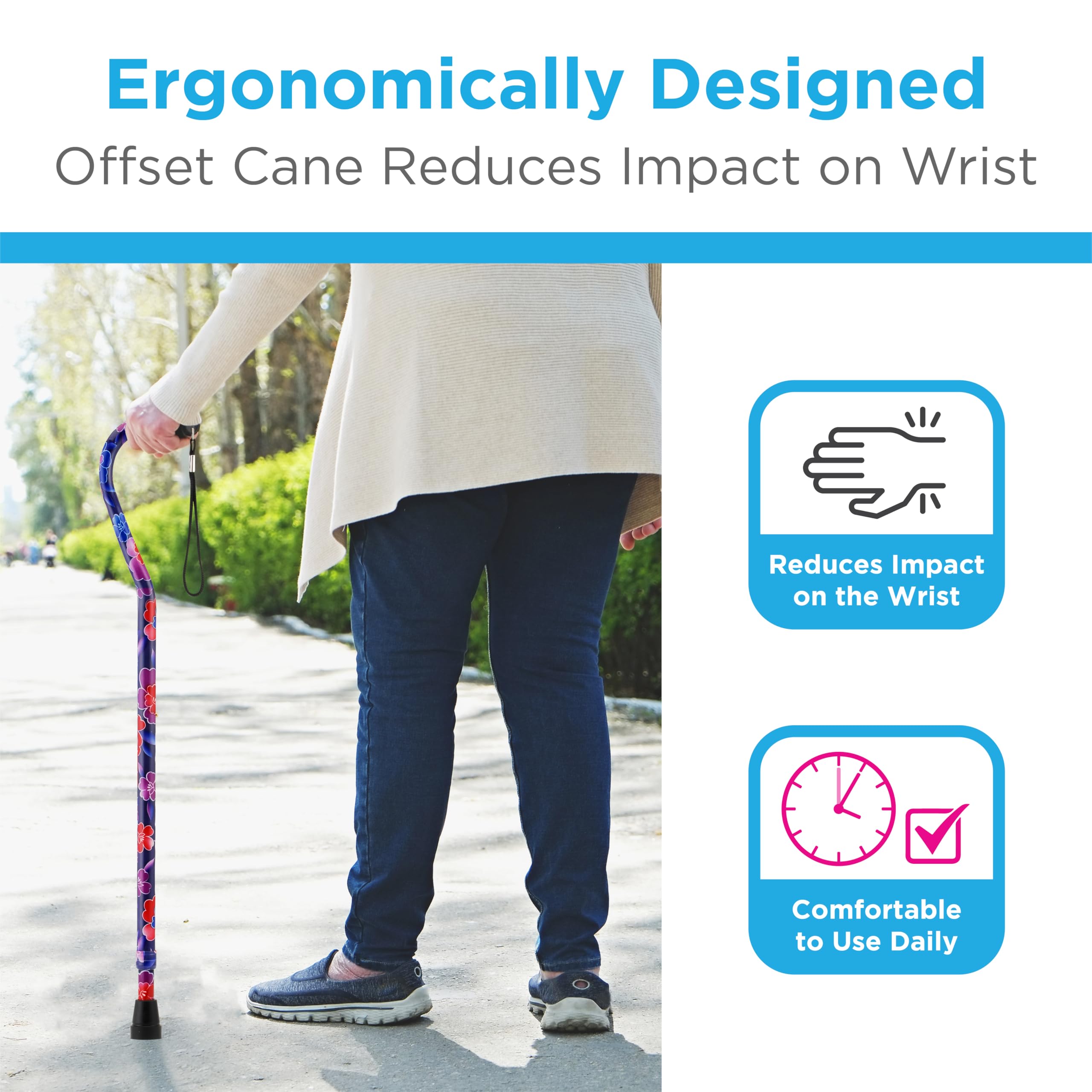 Lightweight Adjustable Walking Cane with Offset Handle - Maui Flowers Design - Comfortable Mobility Aid with Carrying Strap for Seniors & Travel - Ideal for Hiking, Daily Use & Recovery Support