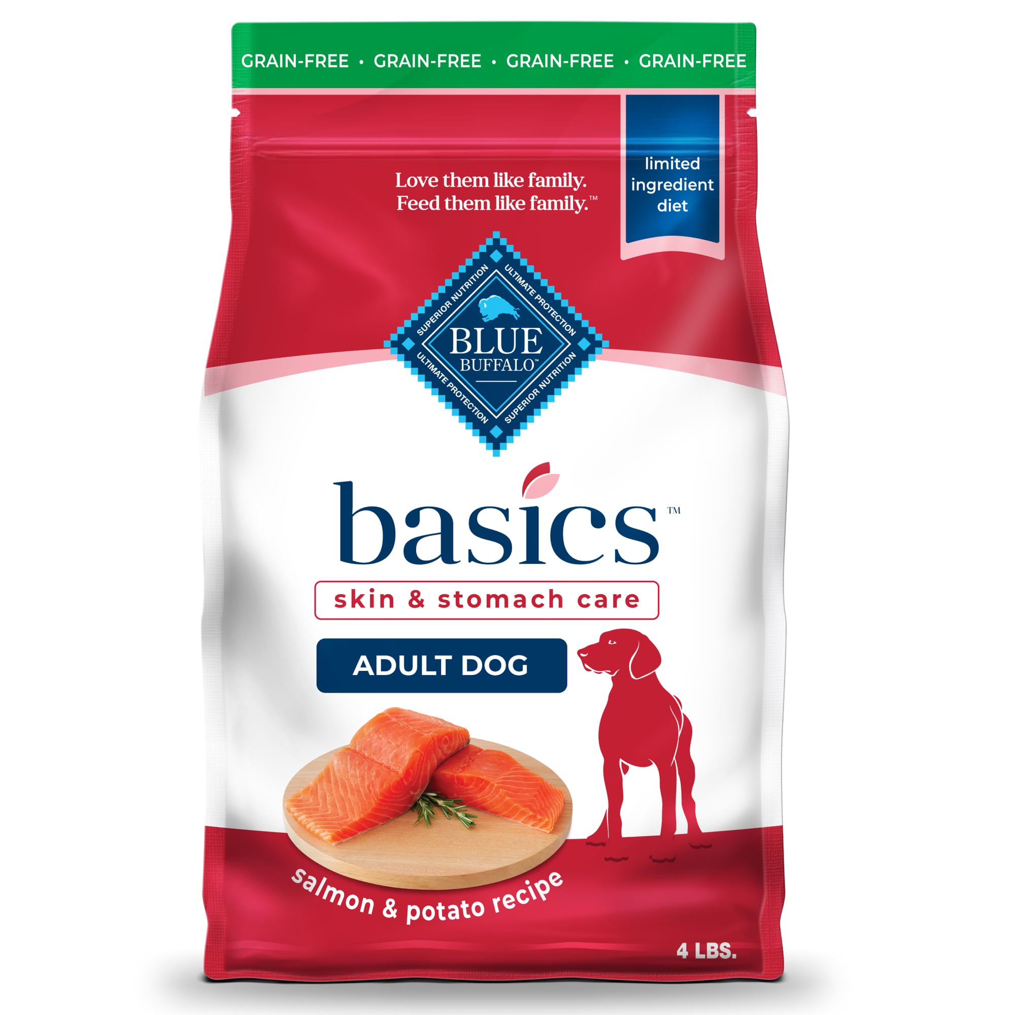 Blue Buffalo Basics Grain-Free Adult Dry Dog Food for Sensitive Skin & Stomach - Limited Ingredient Diet with Salmon Recipe - 4lb Bag - Perfect for Dogs with Allergies & Digestive Issues