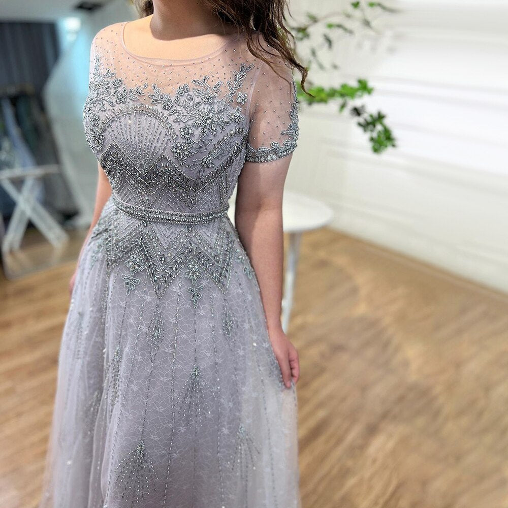 Serene Hill Grey O-Neck Short Sleeve A-Line Evening Dress 2025 | Luxury Beaded Mother of the Bride Party Gown LA72102 | Wedding Reception, Formal Events & Special Occasions