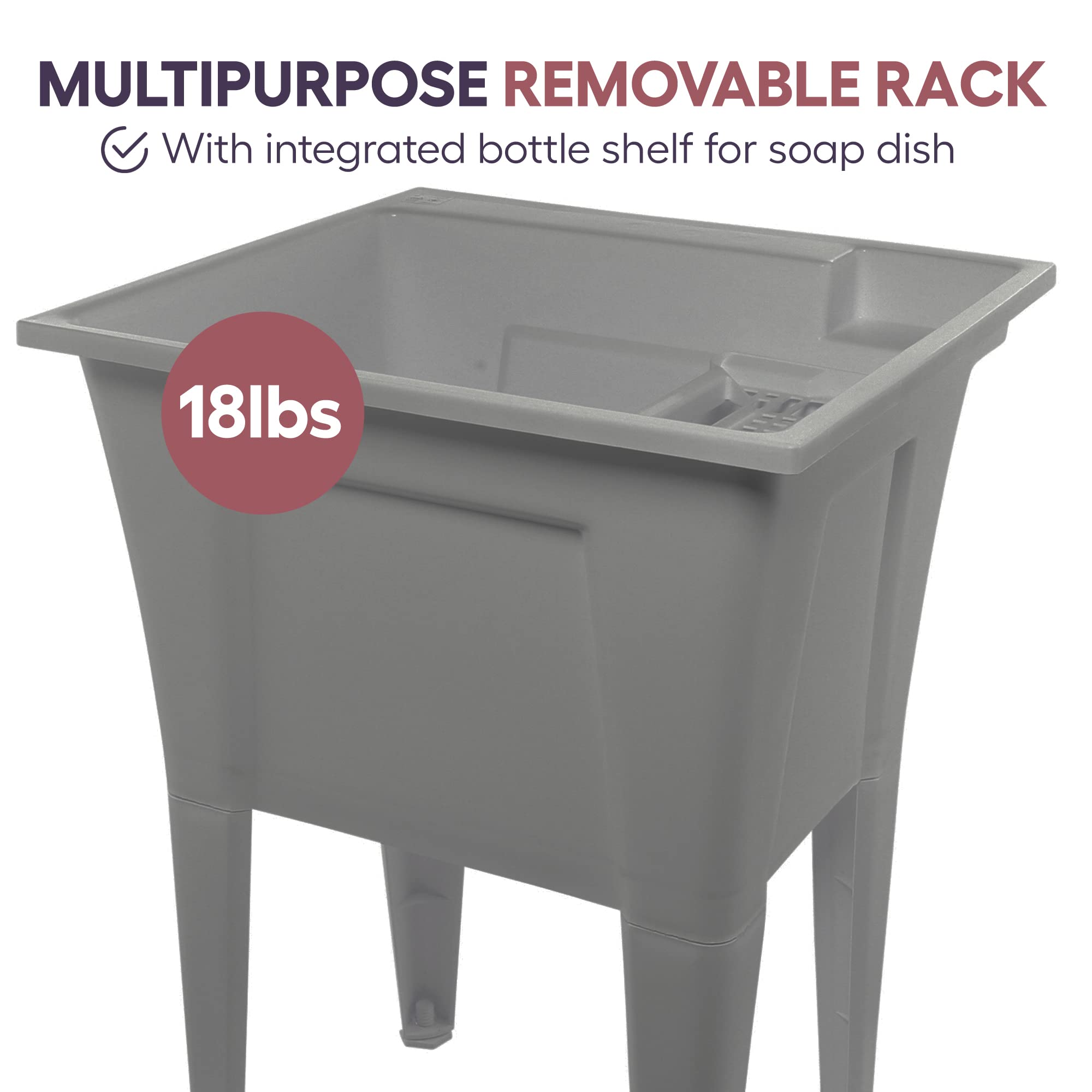 Utility Sink with One-Handle Matte Black Plastic Faucet – Durable Polypropylene Laundry Sink for Garage, Basement & Workshop – Heavy-Duty Grey Utility Tub for Indoor & Outdoor Use – Complete Sink Set with Drain (24” x 22” x 34”, 19.5 Gallons) – Perfect for Washing Pets, Cleaning Tools & DIY Projects
