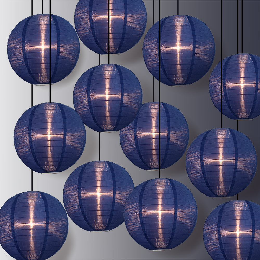 12 Pack Navy Blue Shimmering Nylon Lanterns - Even Ribbing, Durable Hanging Decorations for Parties, Weddings & Outdoor Events