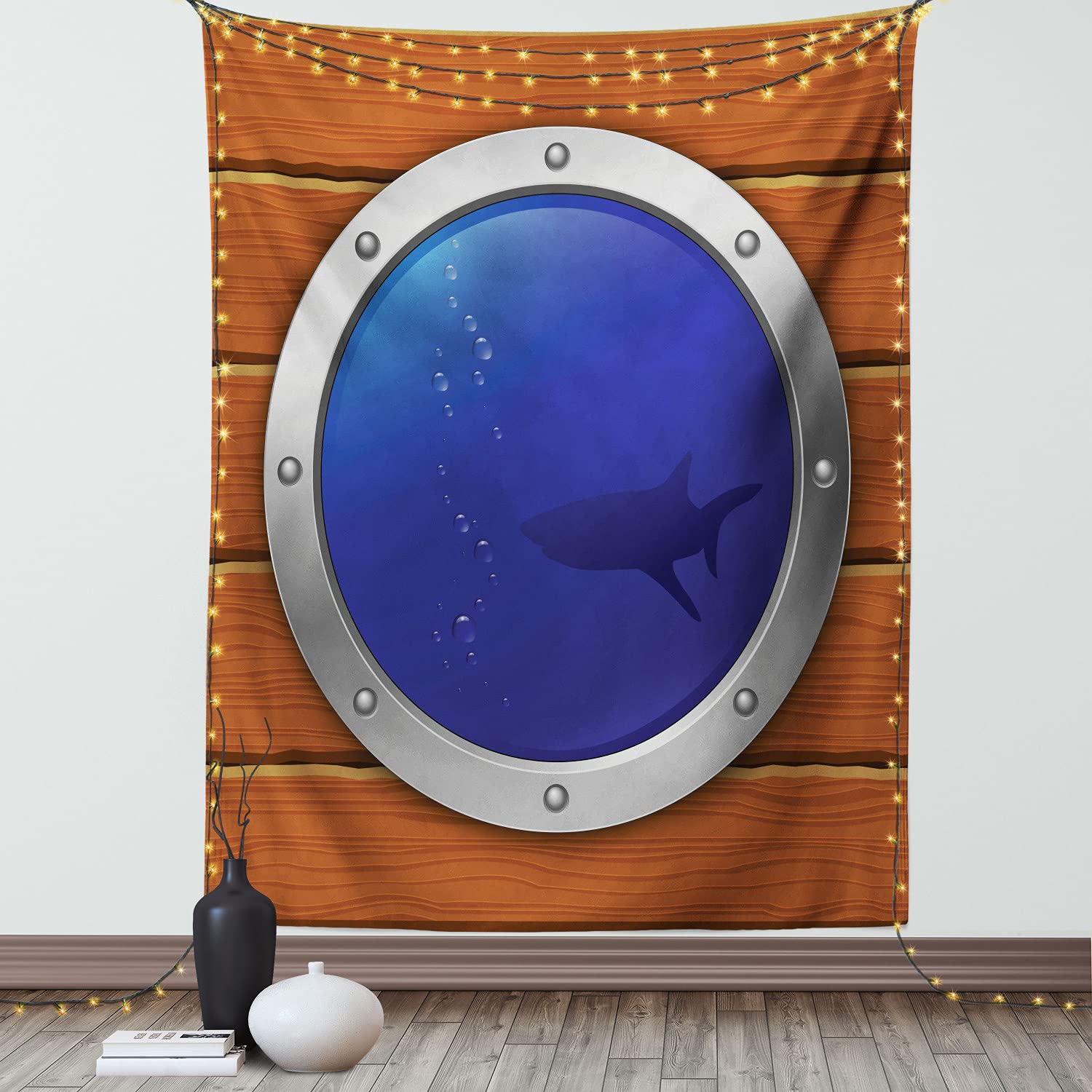 Ambesonne Nautical Tapestry - Porthole Shark Wooden Ship Ocean Scene Wall Art - 40x60 Inch Brown Navy Blue Grey Wall Hanging for Bedroom, Living Room & Dorm Decor - Perfect for Beach House, Nautical Theme Rooms and Ocean Lovers