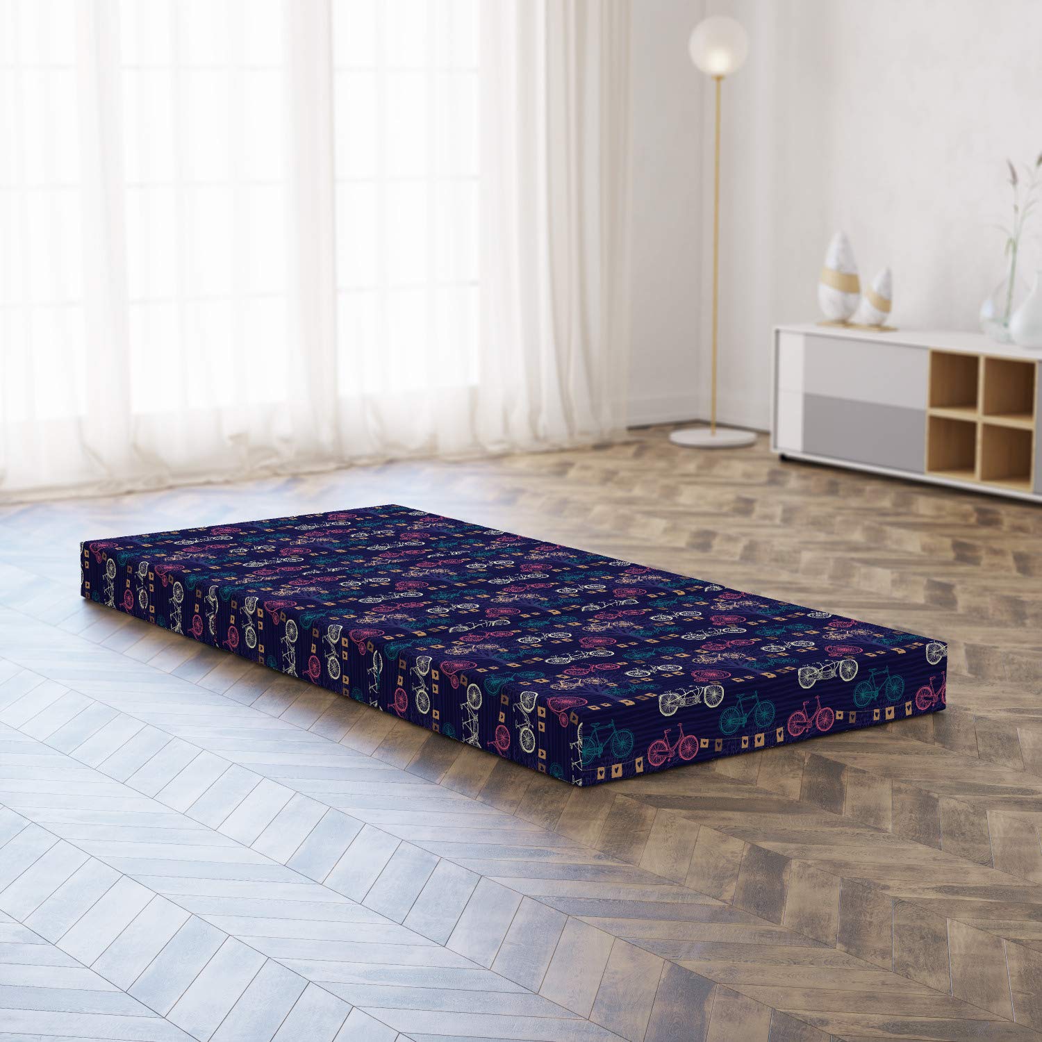 Ambesonne Retro Foldable Mattress with Bicycle & Heart Flags Design - 74.8 x 35.4 Inches - Indigo & Multicolor - Perfect for Guest Beds, Dorm Rooms & Small Spaces