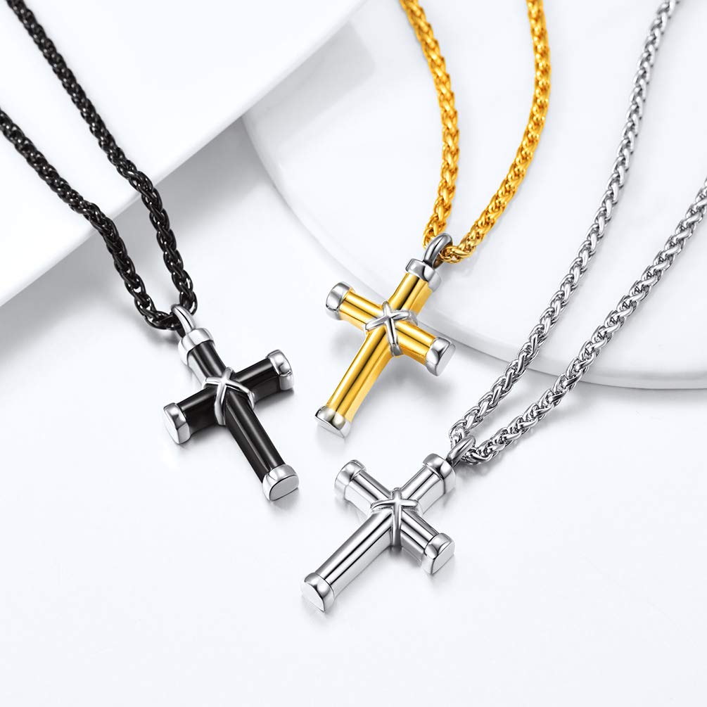 PROSTEEL Men's Urn Necklace for Ashes - Gold Plated & Black Stainless Steel Cross Memorial Cremation Pendant Jewelry (22