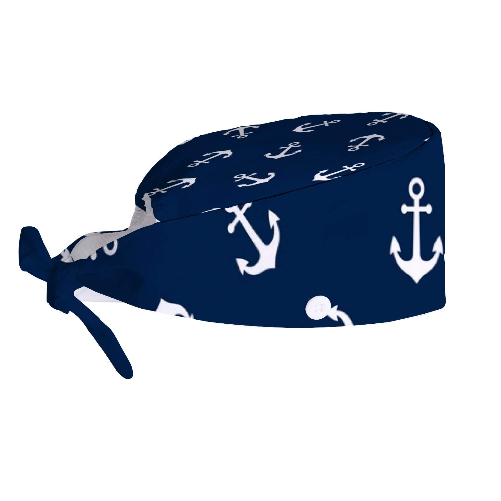 Adjustable Work Cap with Buttons & Sweatband - White Anchors Navy Design - Unisex Tie Back Hat for Women & Men - Perfect for Long Hair & Outdoor Work, Construction, Gardening, Hiking