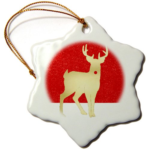 3D Christmas Ornament - 3-Inch Porcelain Red Nosed Reindeer with Gold & Red Snowflake Design | Holiday Tree Decor for Xmas, Winter Home Decor, Gift Idea