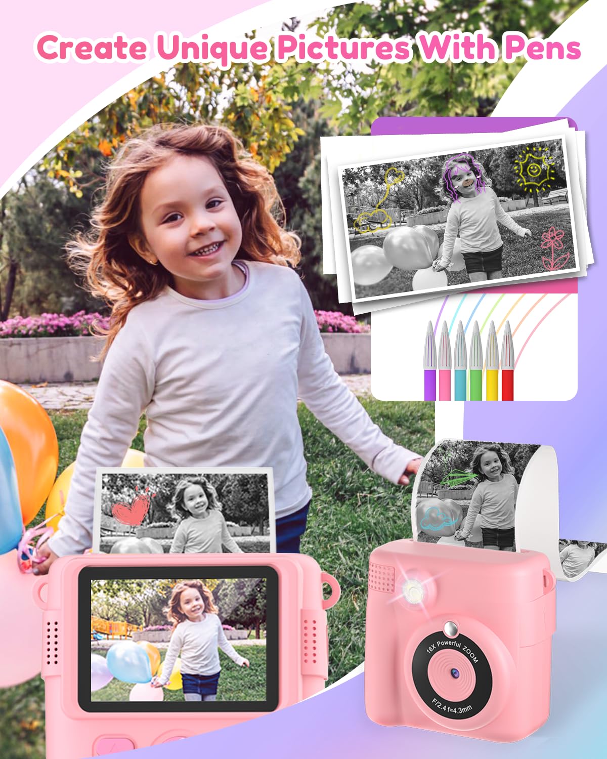 YORKOO Kids Digital Camera for Girls Age 4-10 - 1080P HD Instant Print Camera with 32GB SD Card, Photo Paper & Video Recorder | Creative Toy Gift for Birthday, Christmas & Travel | Pink