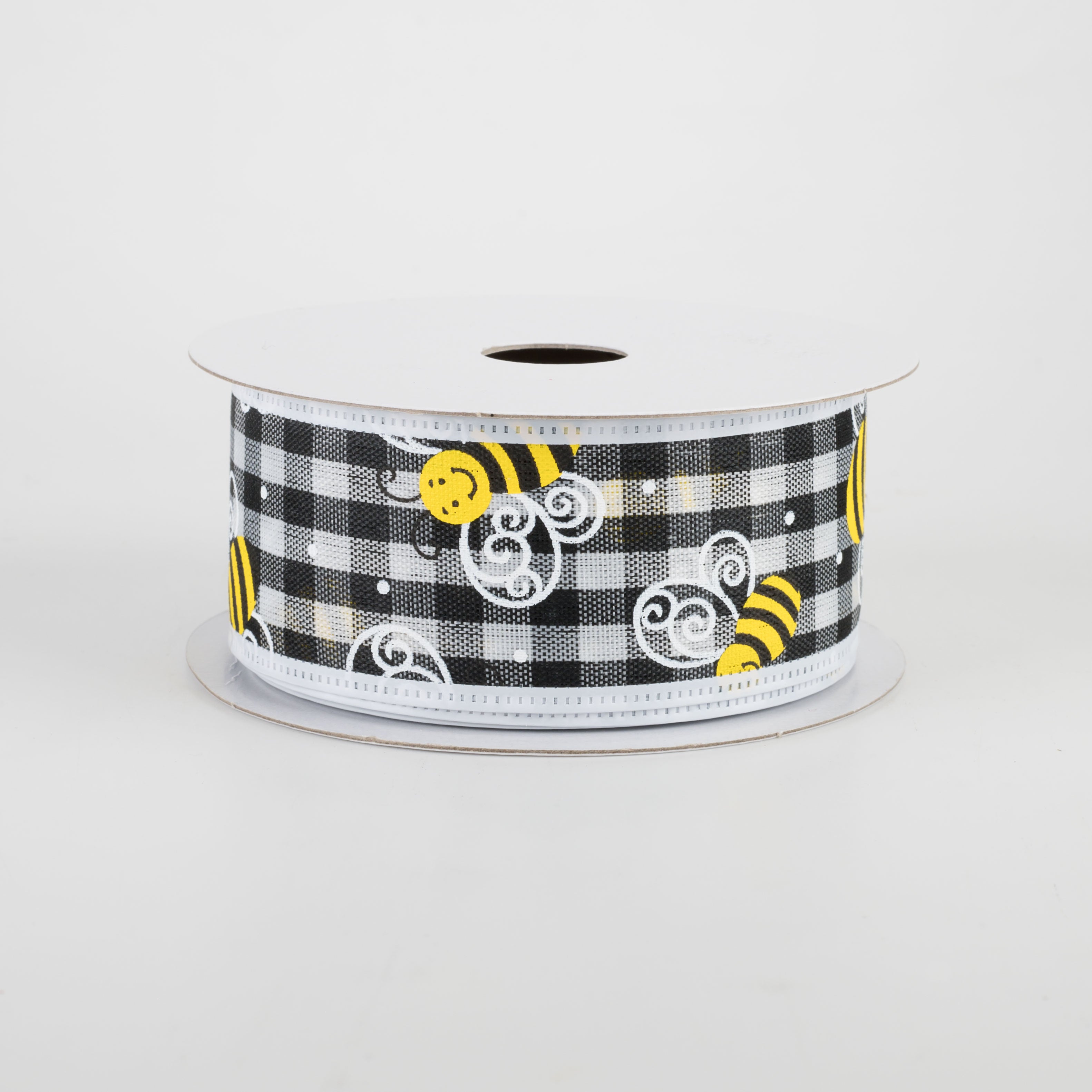 1.5 Inch Gingham Bee Print Ribbon with White Edge - 10 Yards Bulk Roll for Gift Wrapping, DIY Crafts, and Party Decorations