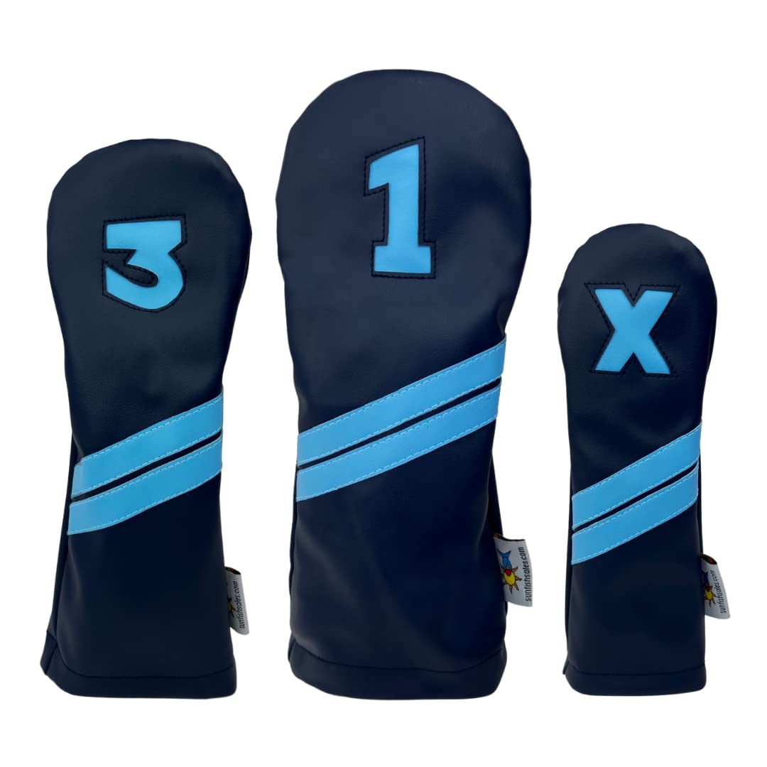 Premium Sunfish Leather Golf Headcover Set (Driver, Fairway, Hybrid) - Navy & Light Blue - Durable Protection for Golf Clubs - Perfect for Golf Enthusiasts & Club Protection