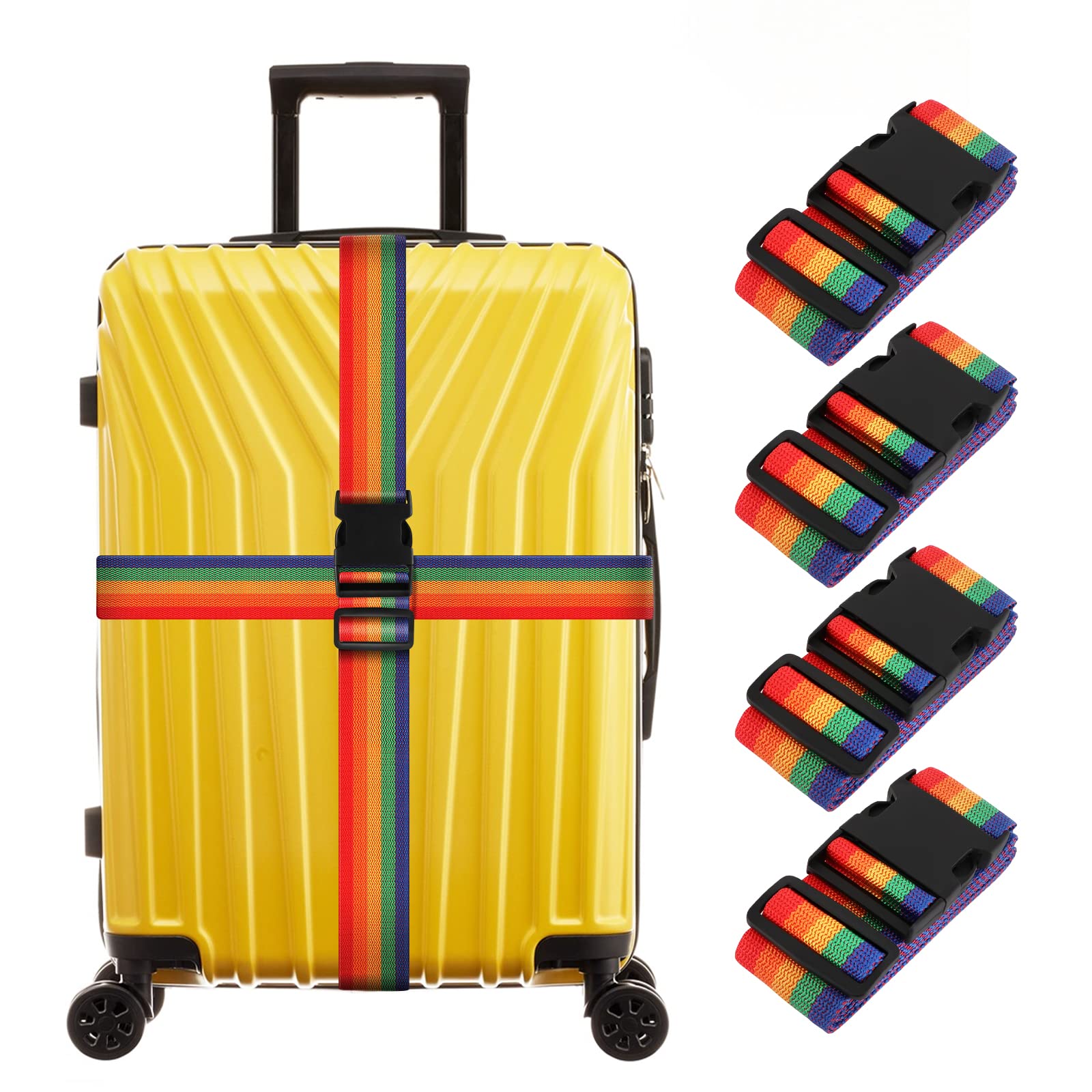 4-Pack Adjustable Luggage Straps with Name ID Card - Wide Travel Secure Belt for Suitcases, Quick-Release Buckles & Rainbow Colors - Perfect for Air Travel, Cruise Vacations & Train Trips