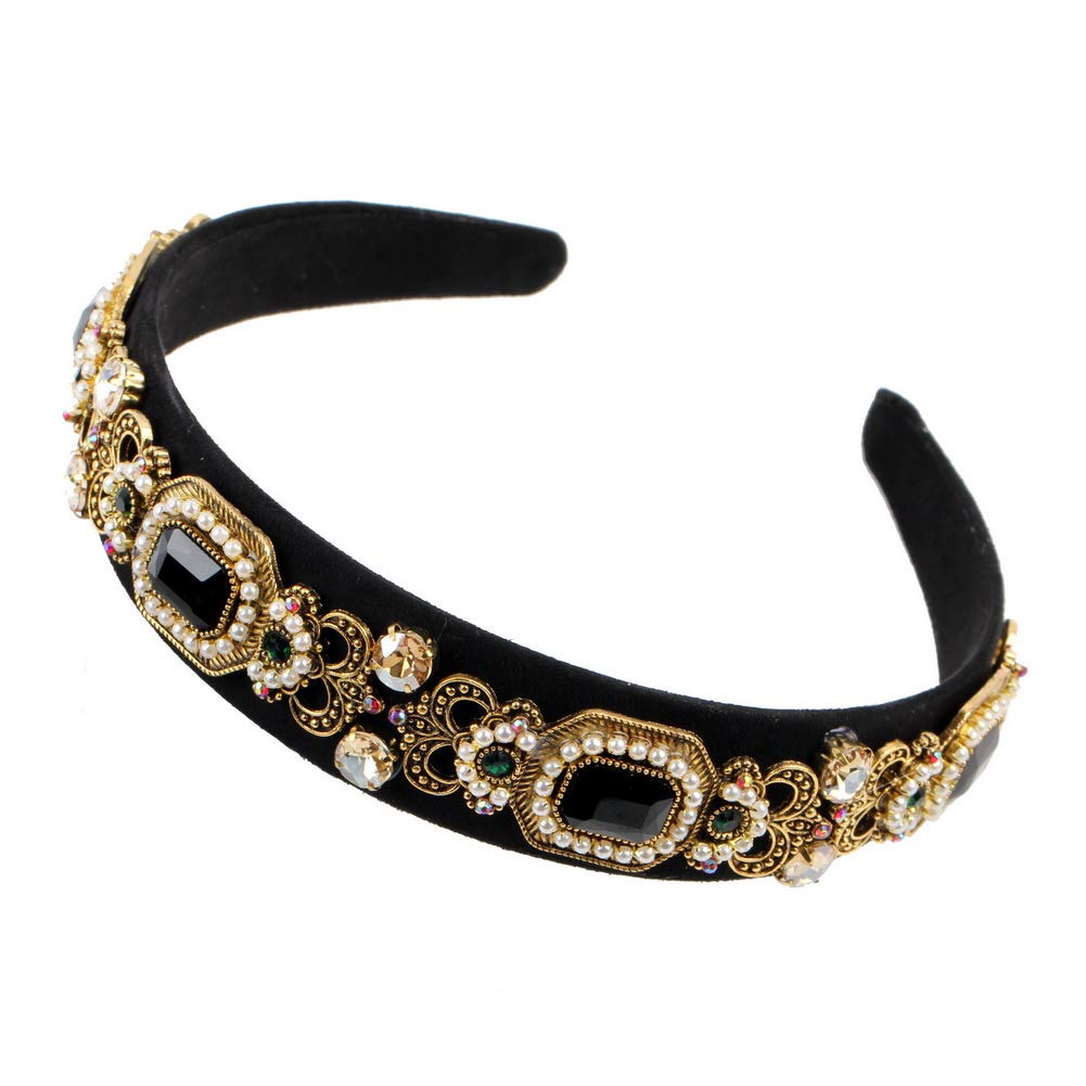 Vintage Crystal Headbands for Women - Simulated Pearl Bead & Rhinestone Flower Leaf Hair Accessories - Elegant Alloy Metal Charm Hairbands - Perfect Gift for Her, Mom, Brides & Special Occasions (Black)