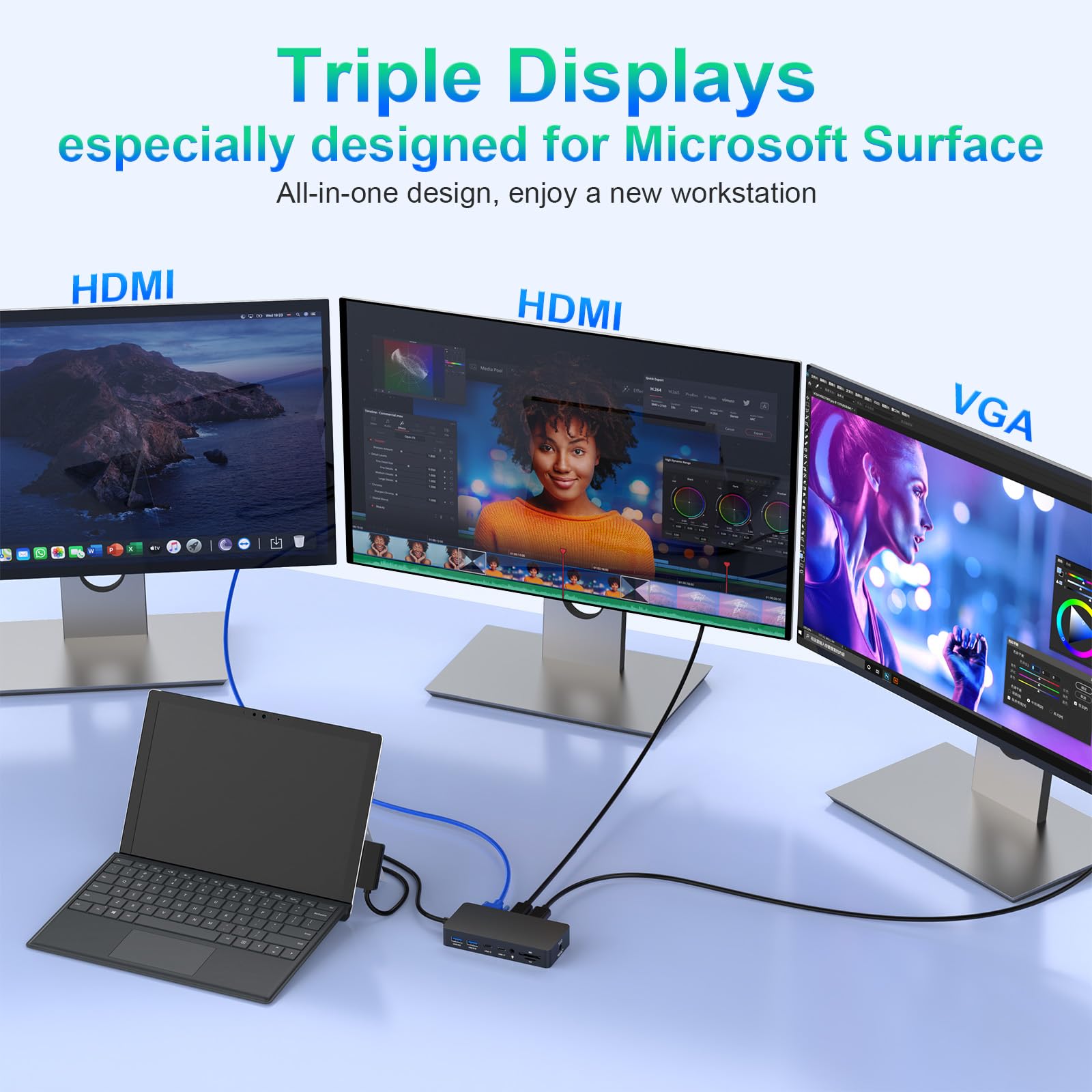 Microsoft Surface Dock Triple Monitor Docking Station - 12-in-1 USB-C Hub with Dual HDMI & VGA Ports, Power Adapter - Compatible with Surface Pro 11/10/9/8/X/7/6/5/4/3, Surface Laptop 7/6/5/4/3/2/1, Surface Book & Laptop Go 3/2 - Perfect for Home Office, Gaming & Multi-Screen Productivity