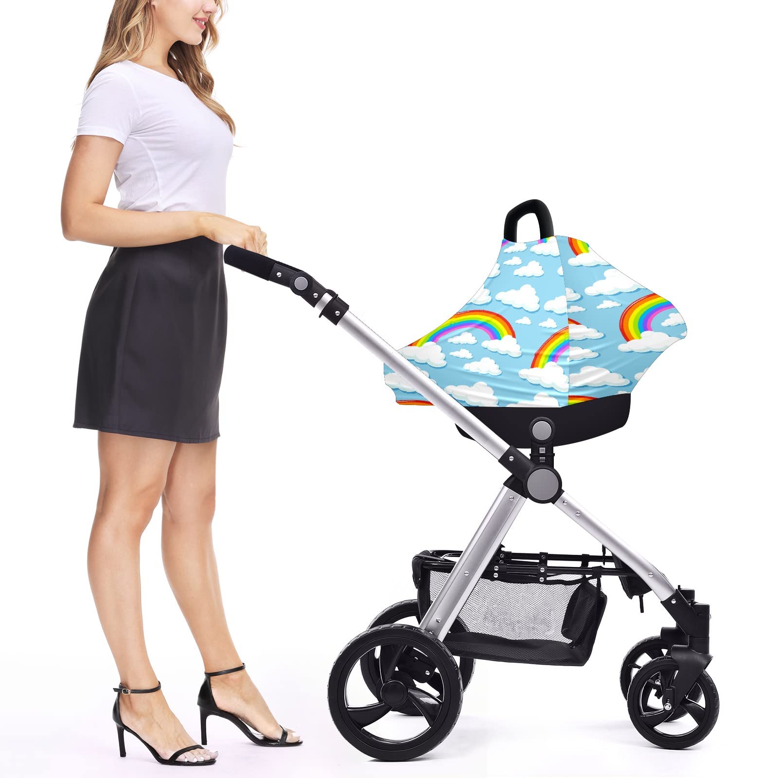 Soft Stretchy Baby Car Seat Cover & Nursing Scarf - Universal Car Canopy for Boys & Girls, Rainproof Stroller Cover with Clouds & Rainbows Design - Perfect for Breastfeeding, Travel, and Outdoor Protection