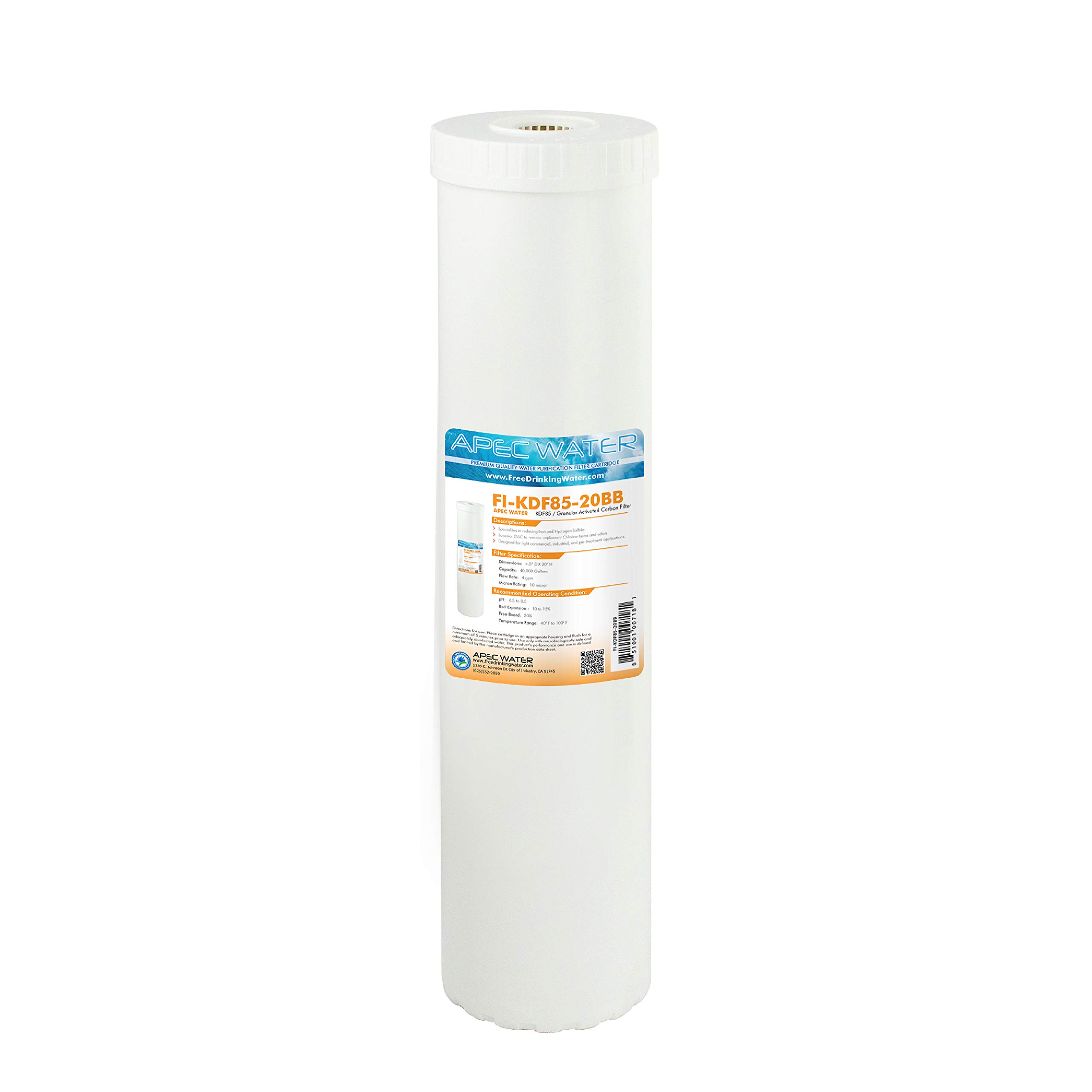 APEC Water Systems FI-KDF85-20BB Iron & Hydrogen Sulfide Reduction Water Filter - US Made Replacement Cartridge (1-Pack, White) for Well Water, Tap Water & Drinking Water Filtration Systems