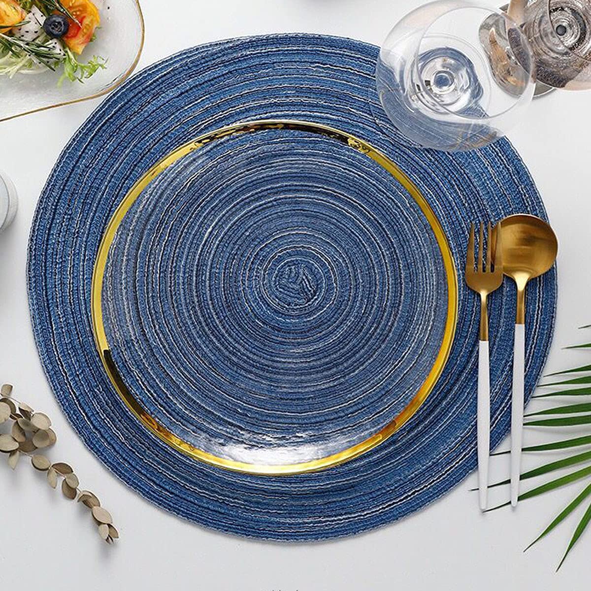 Premium Round Woven Placemats Set of 4 - 15 Inch Elegant Table Mats for Indoor/Outdoor Dining - Washable & Durable Home Decor (Blue) - Perfect for Dinner Parties, BBQs, and Holiday Gatherings