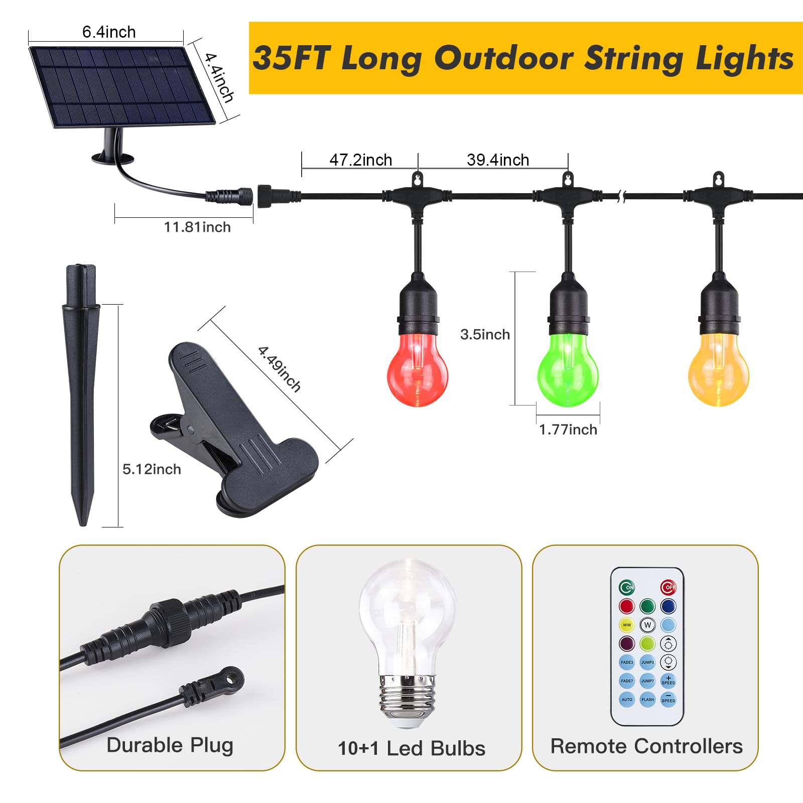 35FT Solar Powered RGB String Lights with Remote - Dimmable Shatterproof Edison Bulbs for Outdoor Patio, Garden, Yard, Party & Cafe Decor | Waterproof LED Fairy Lights for Wedding, Backyard, Christmas & Holiday Decorations