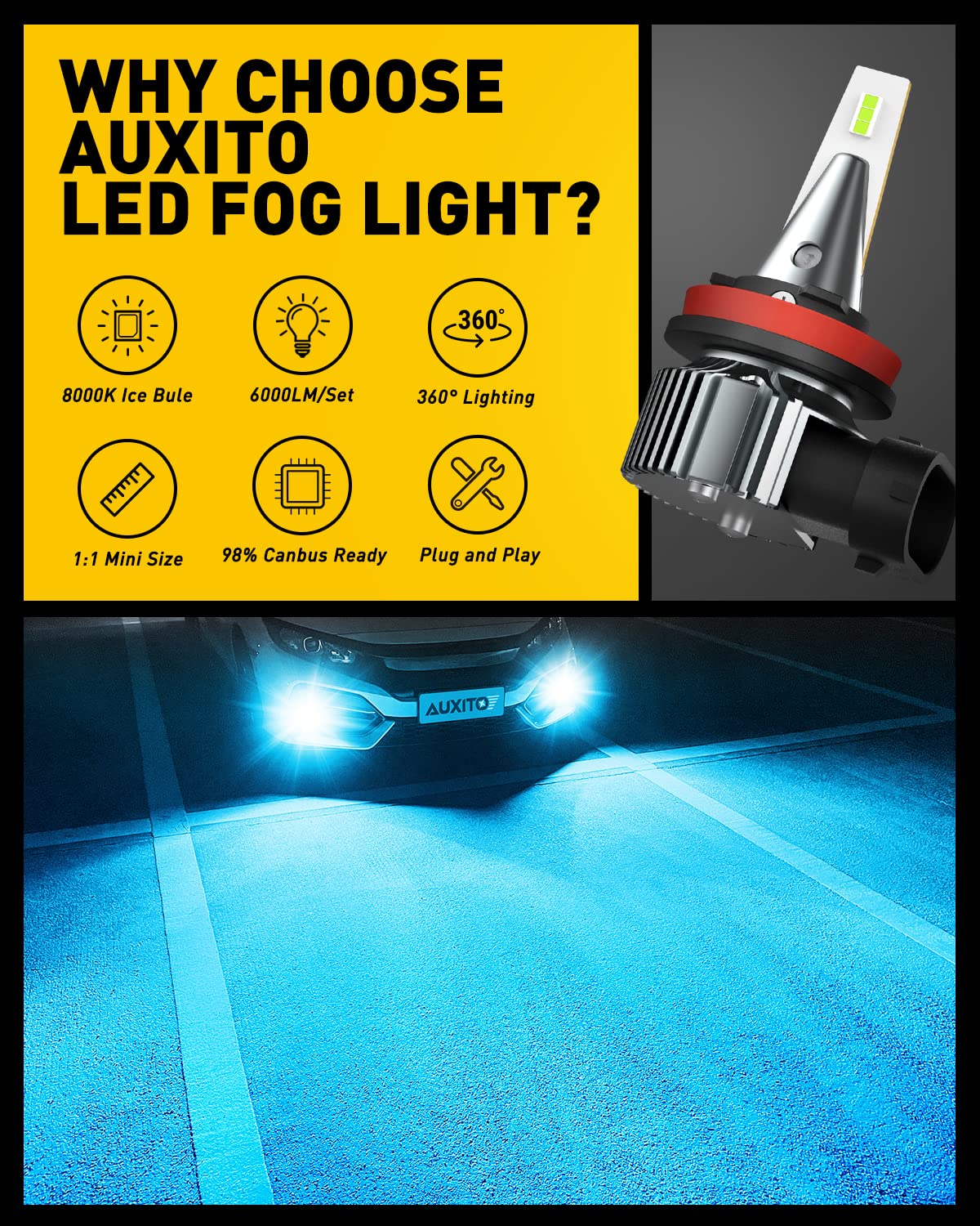 AUXITO H8 H11 H16 LED Fog Light Bulbs - 8000K Ice Blue Super Bright 400% Lumens - Canbus Ready Plug & Play Replacement Bulbs for DRL & Fog Lamps (2 Pack) - Perfect for Night Driving & Off-Road Adventures